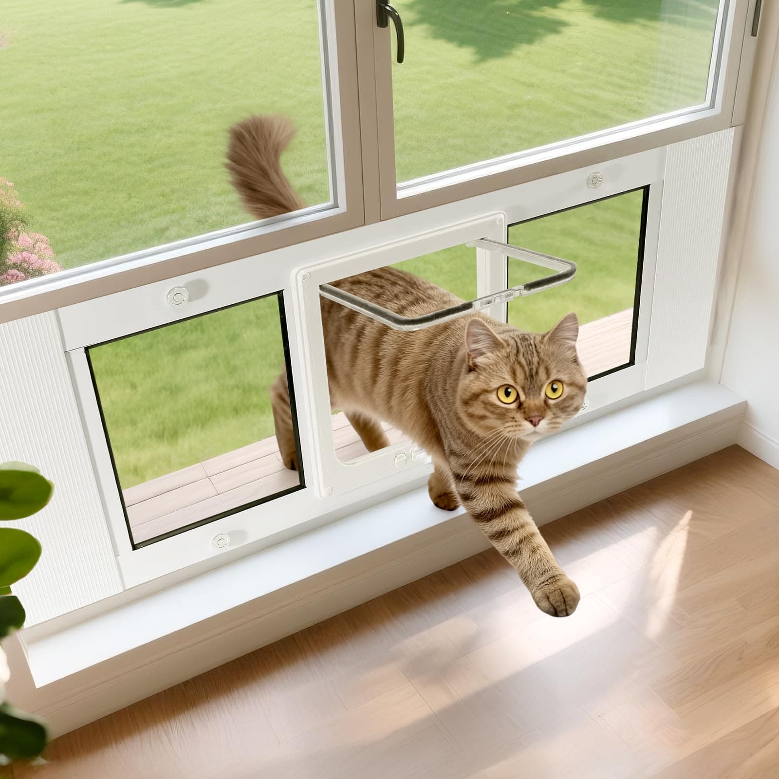 Cat Door for Window, Fits 31"-36" Width Windows, Quick-Fit Pet Door Window Insert, 4 Locking Mechanisms, Magnetic Closure Window Cat Doors Safety & Weatherproof