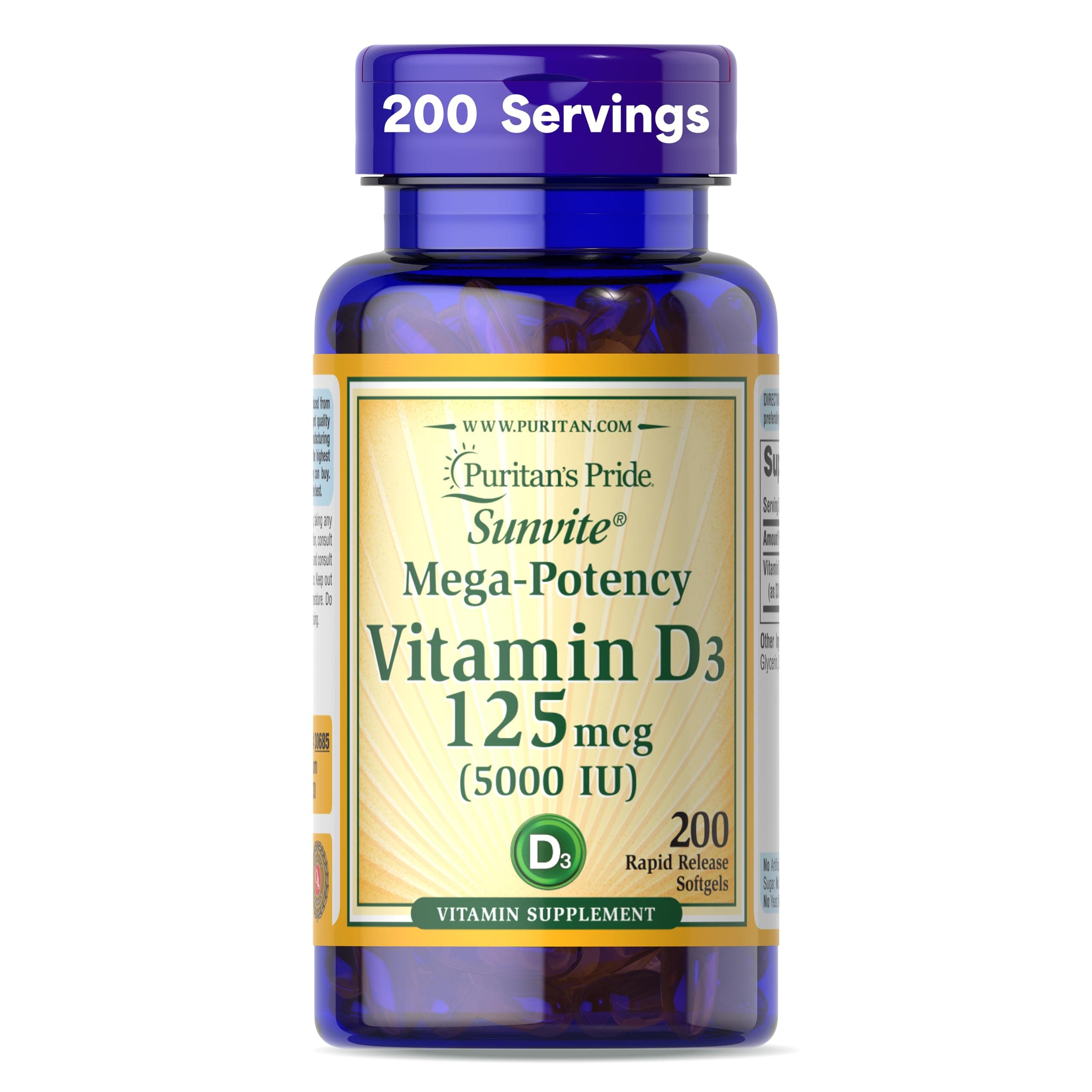 Vitamin D3 for Immune System Support & Healthy Bones & Teeth (200 Softgels,5000 IU)