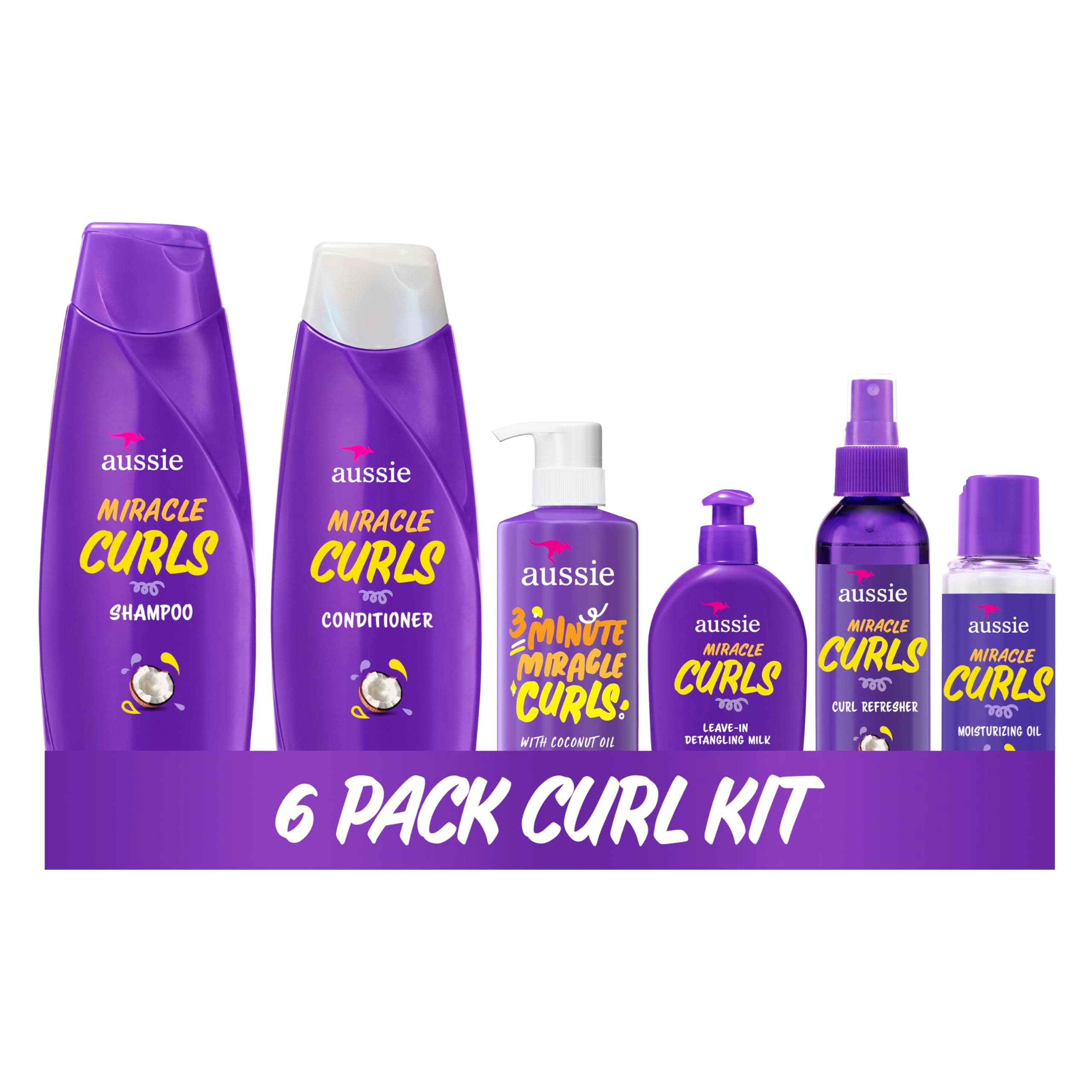 Aussie Miracle Curls Set: Shampoo, Conditioner, Deep Hydration, Spray Gel, Detangling Milk, and Oil Hair Treatment, Curl Oil, Coconut & Jojoba, Frizz Control, 6 Pieces