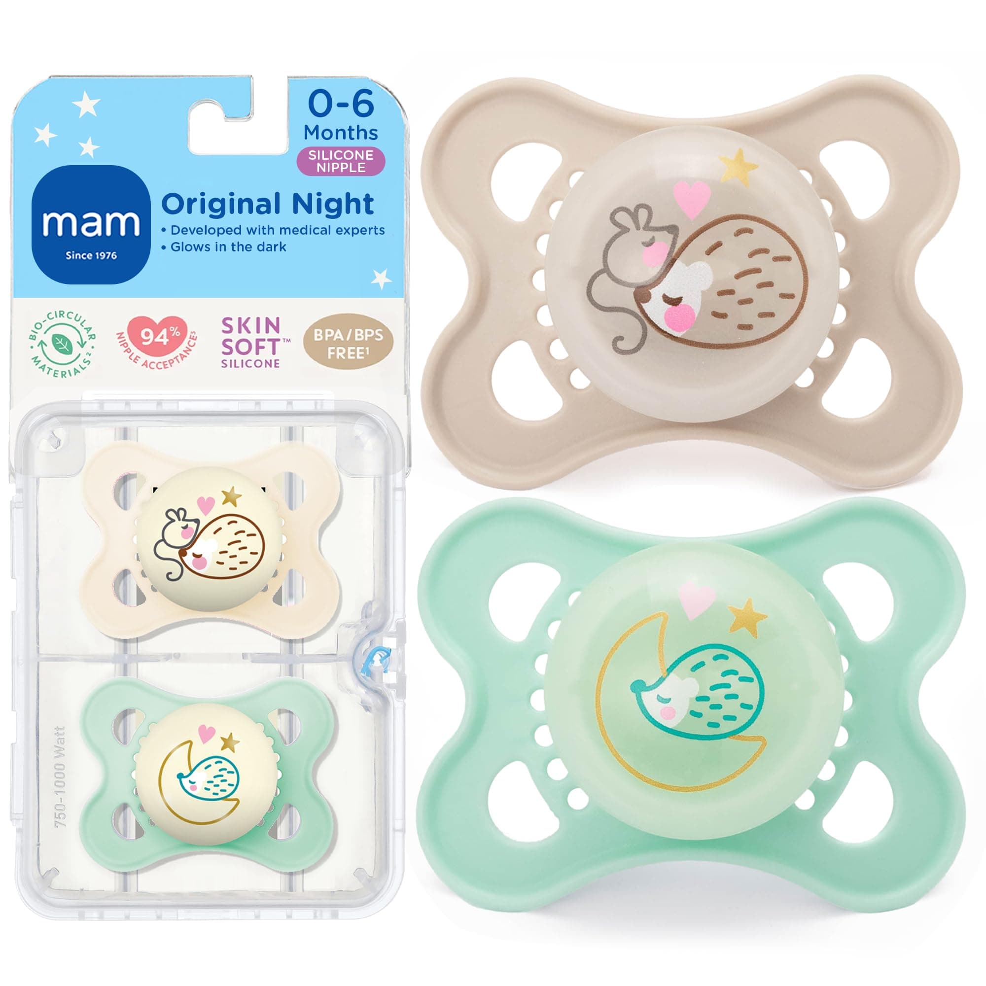 MAM Night Pacifiers (2 Pacifiers & Sterilizing Box), MAM Pacifiers 0-6 Months, Best Pacifier for Breastfed Babies, Unisex, Glow in the Dark Pacifier
