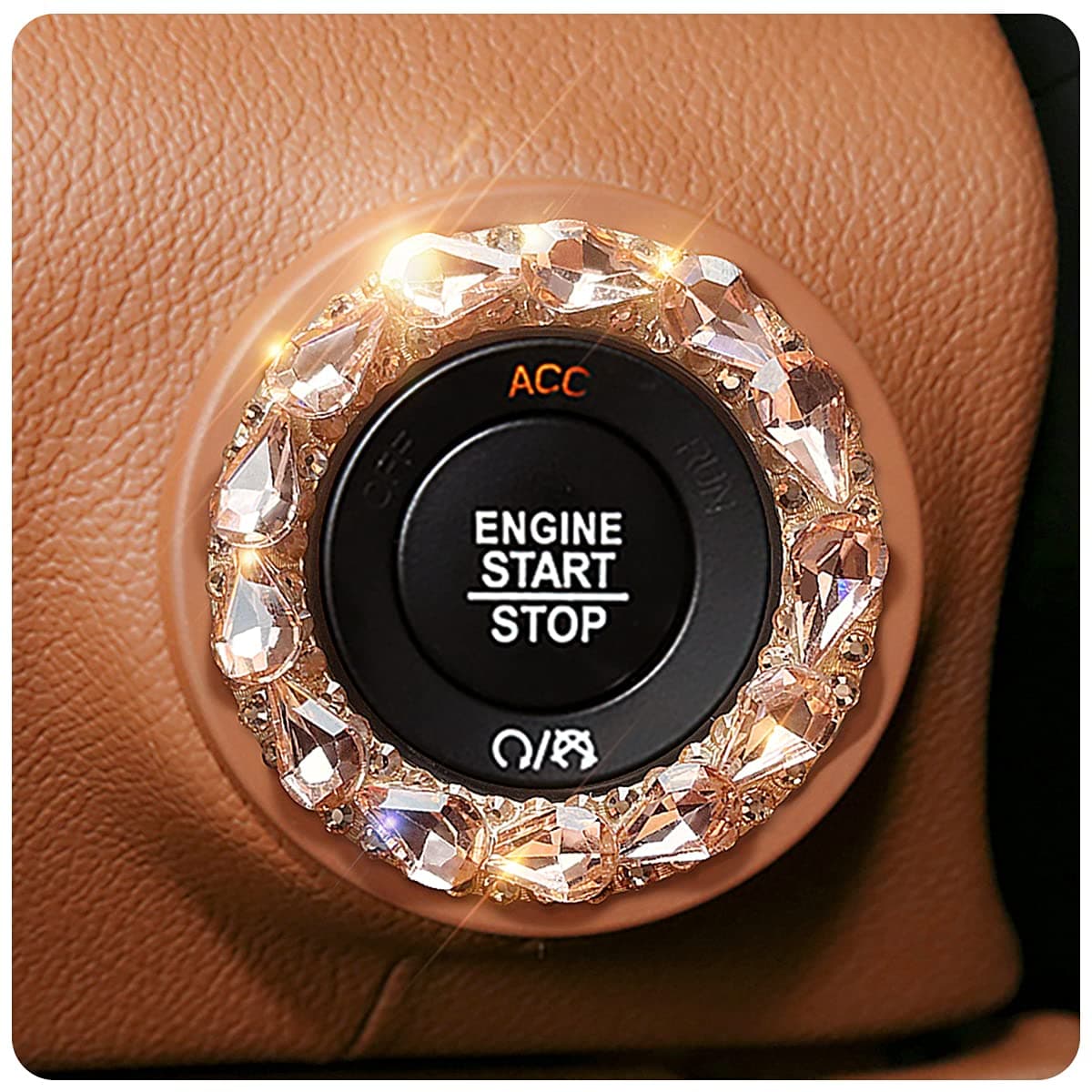 Car Engine Start Stop Ignition Button Logo Sticker, Shiny Crystal Rhinestone Cover Protection Ring, Bling Car Accessories for Wowen (Rose Gold gem)