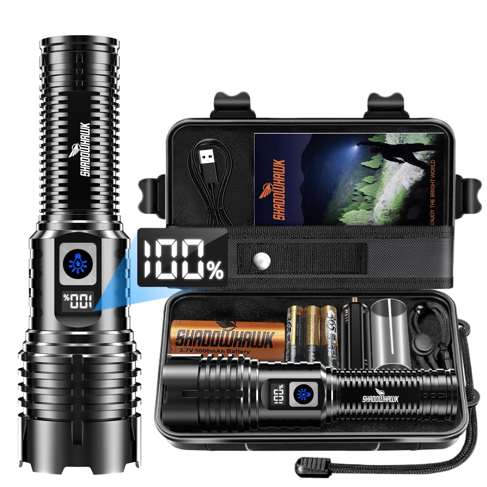 Shadowhawk Flashlight Rechargeable Torch Light, 20000 Lumens Flash Light Led flashlights Tactical, XHM77.2 Led Torch Light High Power, USB Handheld Powerful Torches for Camping Hiking Emergency