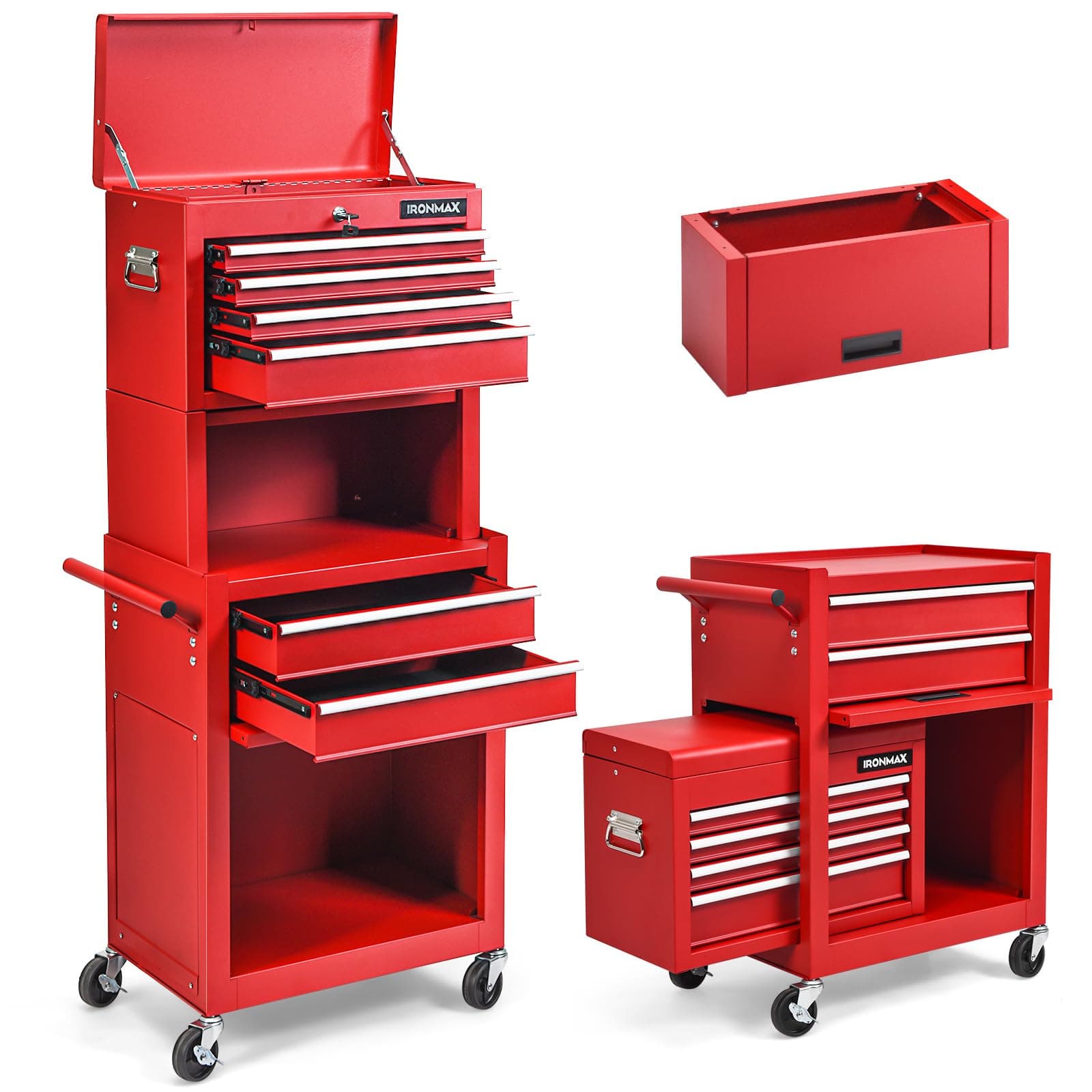 ERGOMASTER 6 Drawer Rolling Tool Chest Cabinet Large Capacity Tool Storage Cabinet with Wheels and Locking System Removable Tool Box Organizer with Sliding Drawers (Red)