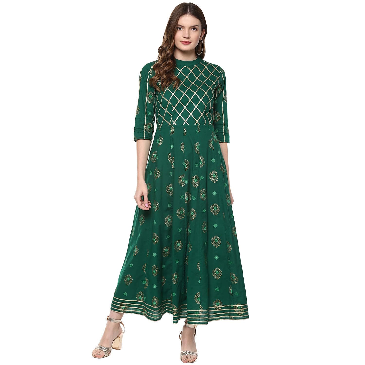 IdaliaGold Print Anarkali Kurta