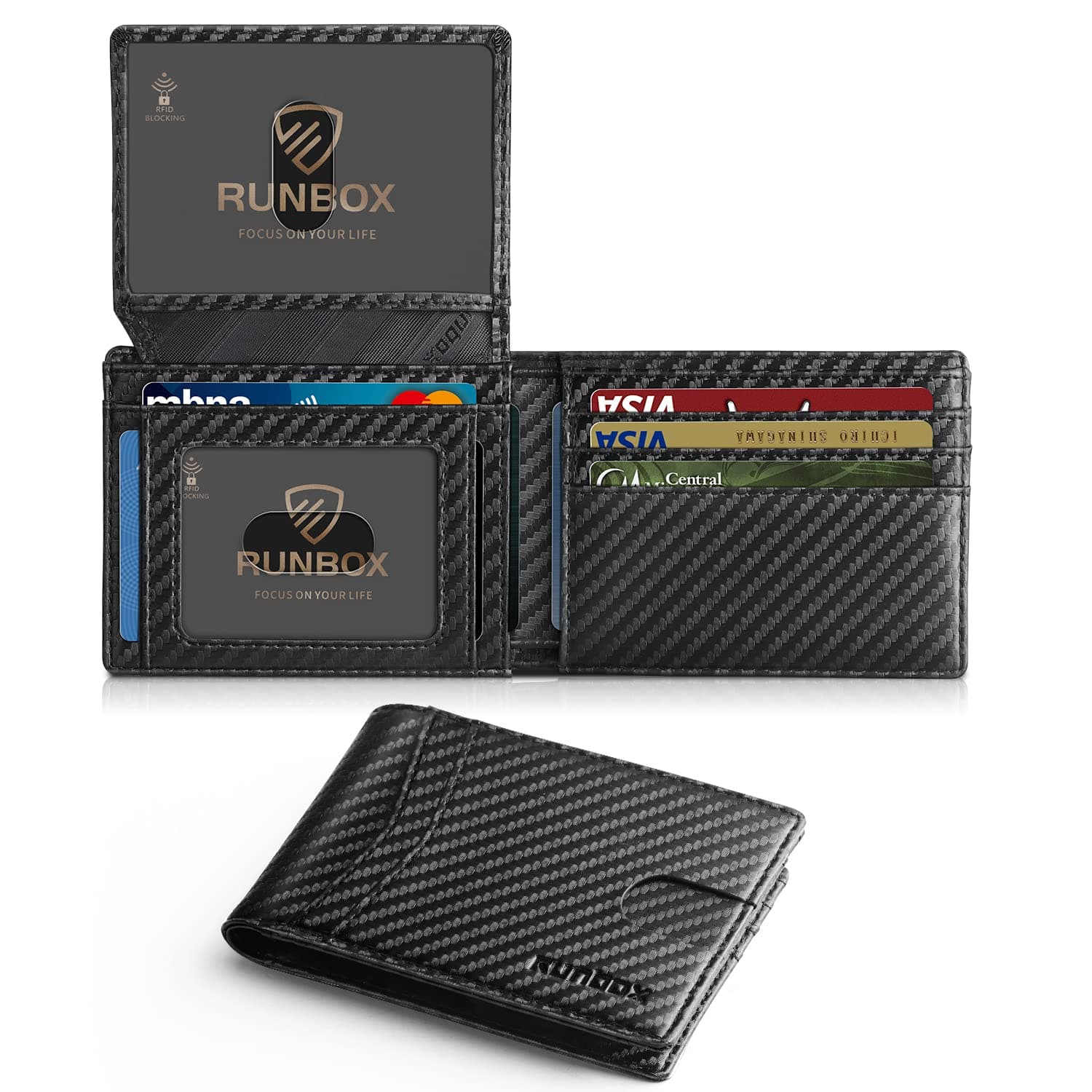 RUNBOX Wallet for Men Slim Rfid Leather 2 ID Window With Gift Box, Carbon Black-15 slots, M, Minimalist