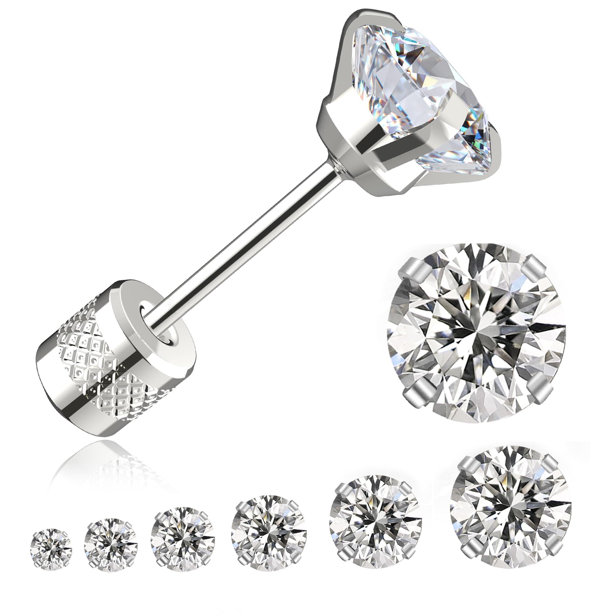 Threadless Flat Back Stud Earrings, 6 Pairs Titanium Hypoallergenic Earrings for Women Men, Cubic Zirconia Silver Gold Stud Earrings Surgical Stainless Steel Stud Earring Set for Cartilage 2-8mm