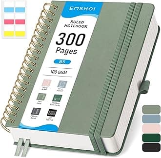 EMSHOI B5 College Ruled Spiral Notebook, Thick 300 Numbered Pages, 100GSM Ink-Proof PU Leather Hardcover Lay-Flat Lined Journal for Work Office School Writing, 7.48"x10.15", Light Green