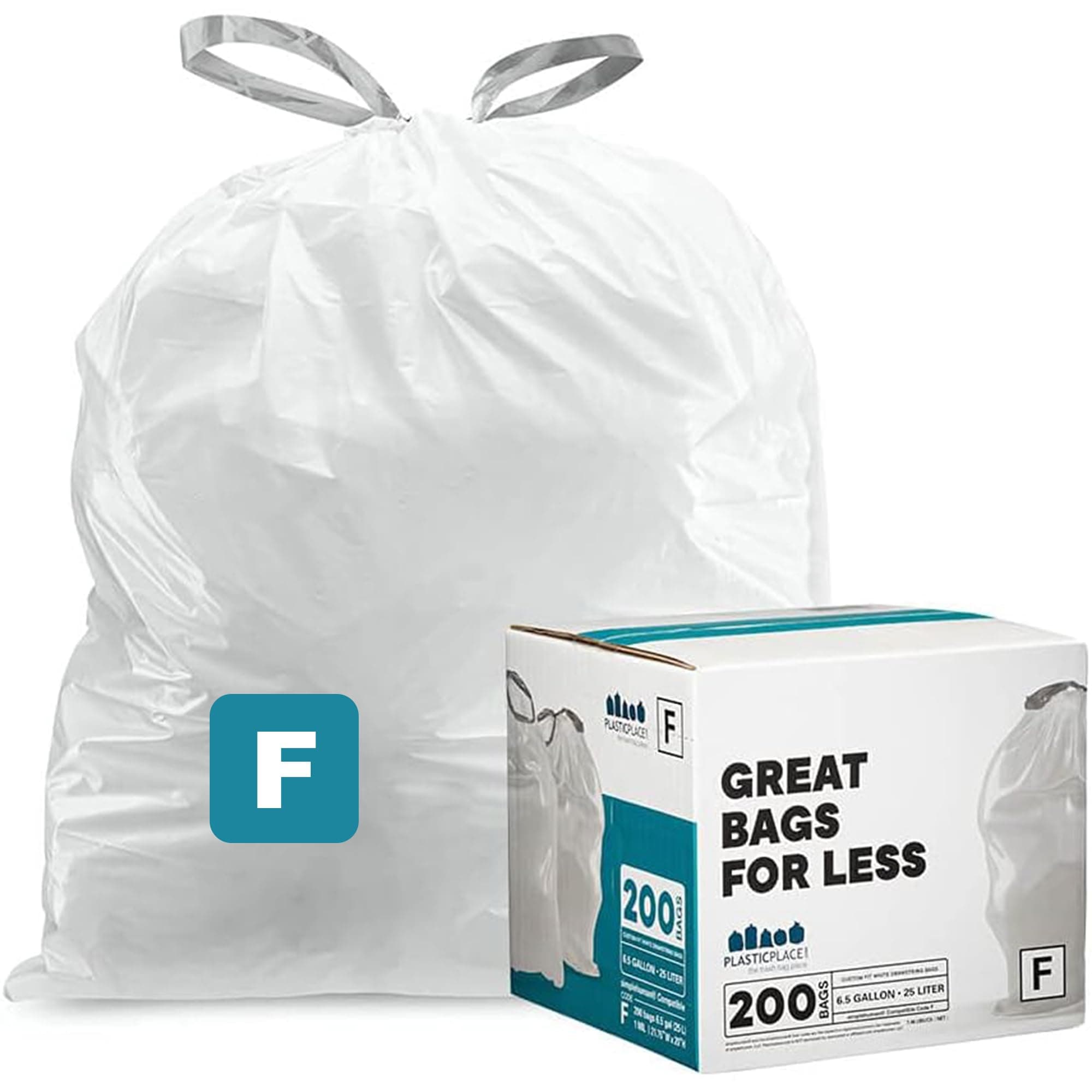 Plasticplace Custom Fit Trash Bags, Compatible with simplehuman Code F (200 Count) White Drawstring Garbage Liners 6.5 Gallon, 21.75" x 20"