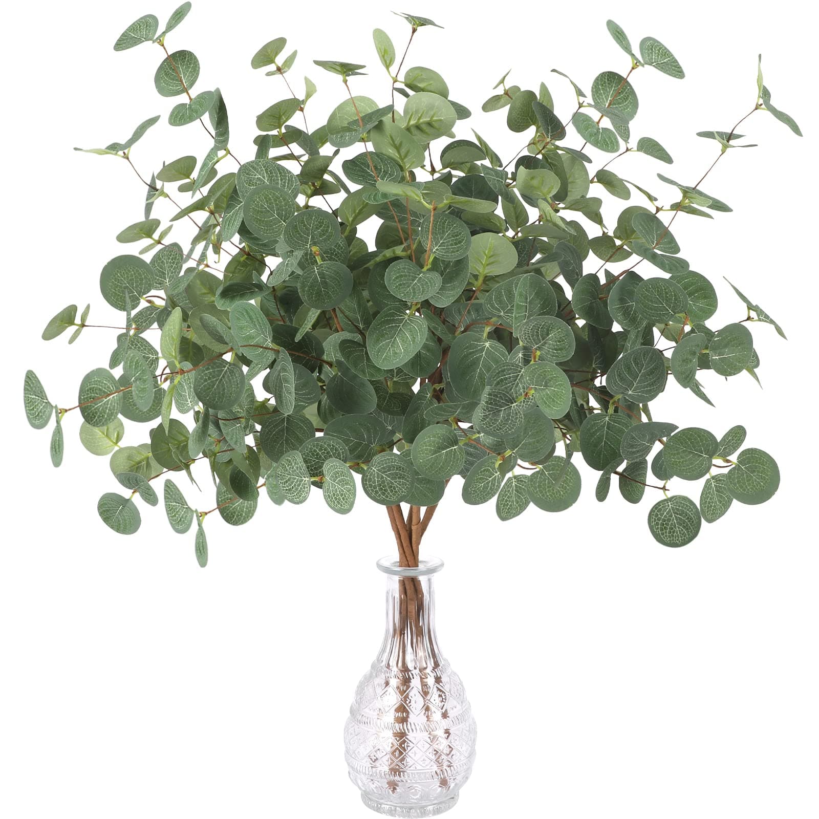 FUNARTY 6 Pcs Artificial Eucalyptus Leaves Long Stems 25" Tall with 80 Leaves Fake Silver Dollar Eucalyptus Plant Greenery Stems Branches for Farmhouse Vase Bouquets Wedding Greenery Decor