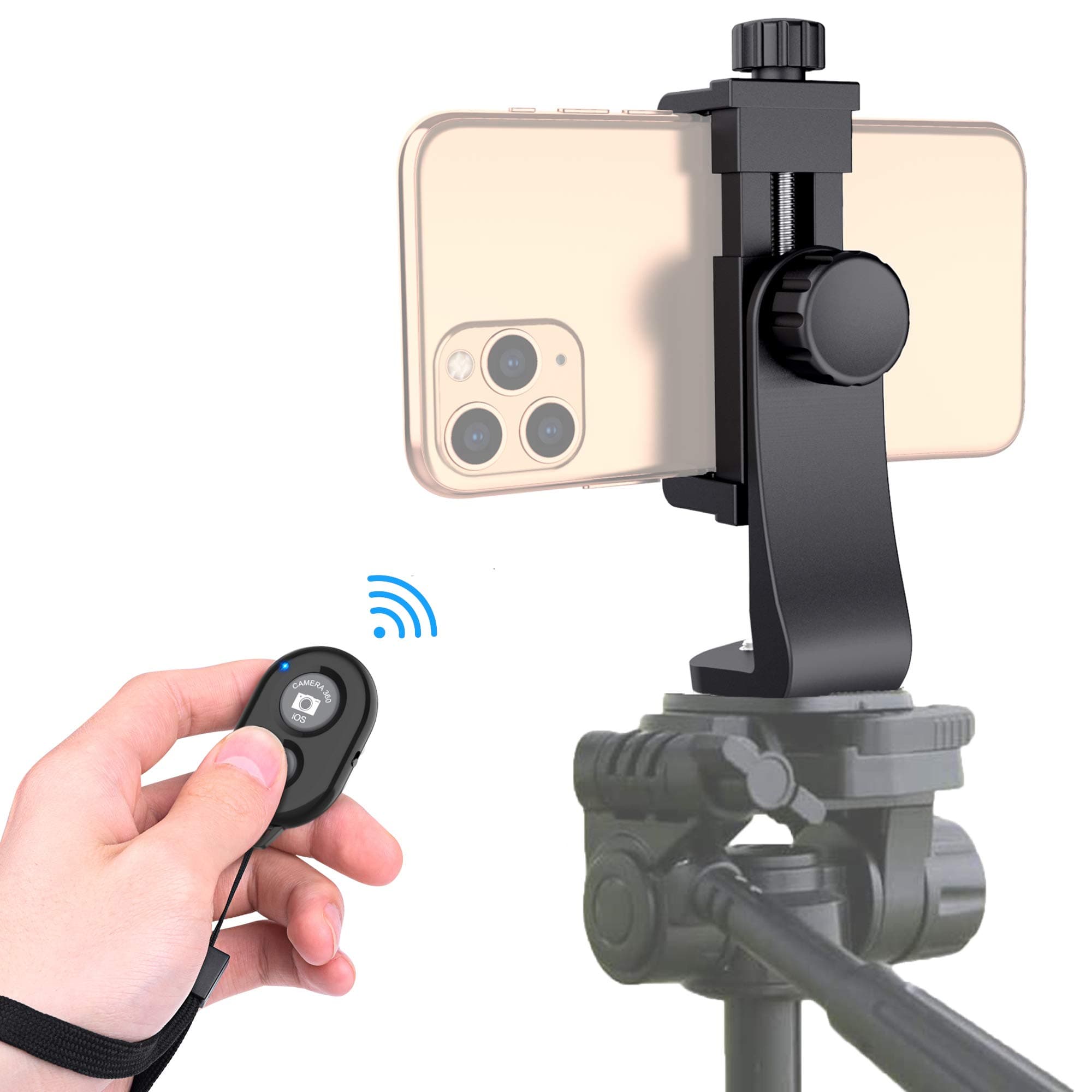 ARMYU Phone Tripod Mount Adapter with Bluetooth Camera Remote, Cell Phone Holder with Adjustable Clamp for Selfie Stick Monopod Compatible with iPhone, Samsung and so on, Wrist Strap Included