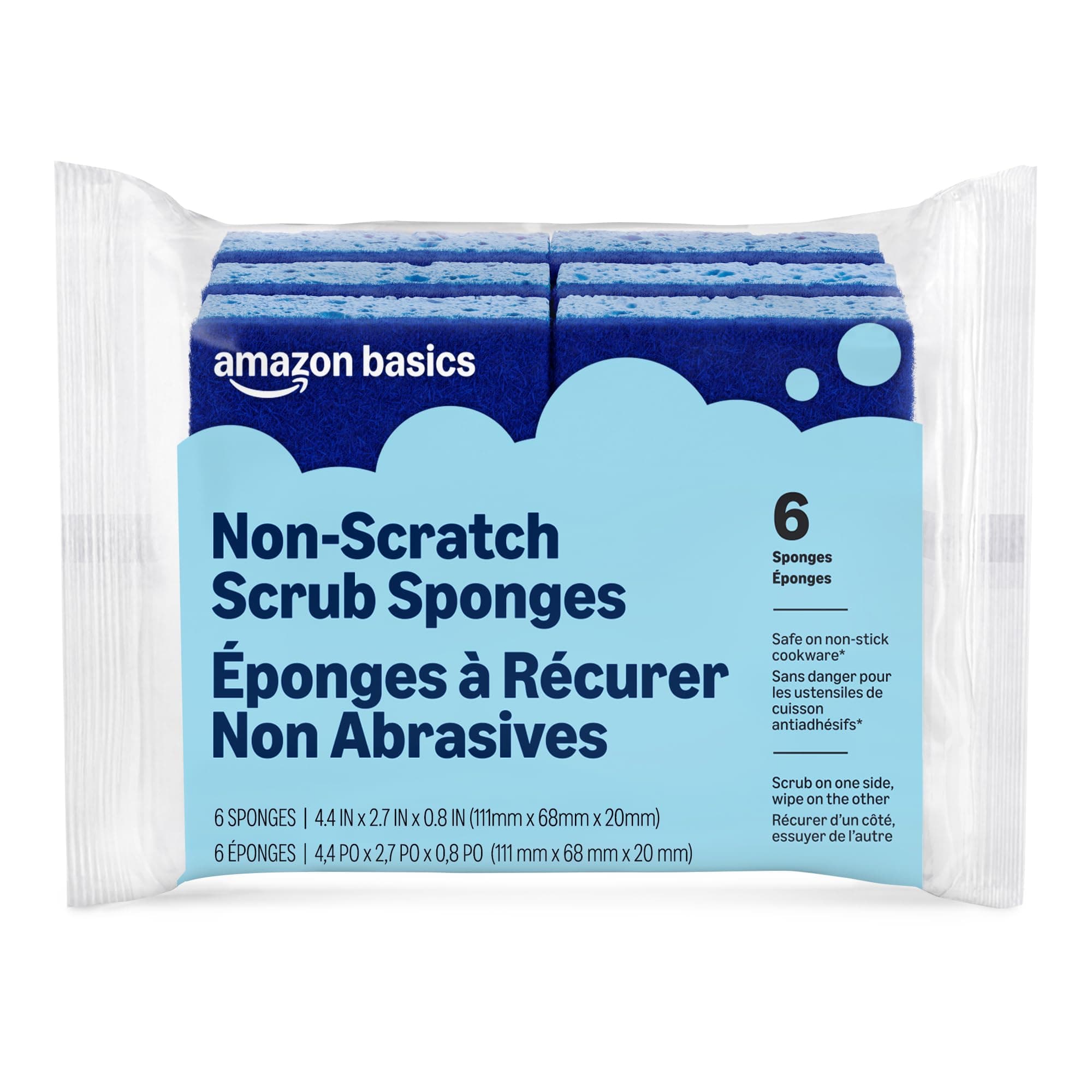 Amazon Basics Non-Scratch Dual-Sided Sponges for Nonstick Pots and Pans, Dish Scrubber, All-Purpose, 6-Pack, Packaging May Vary