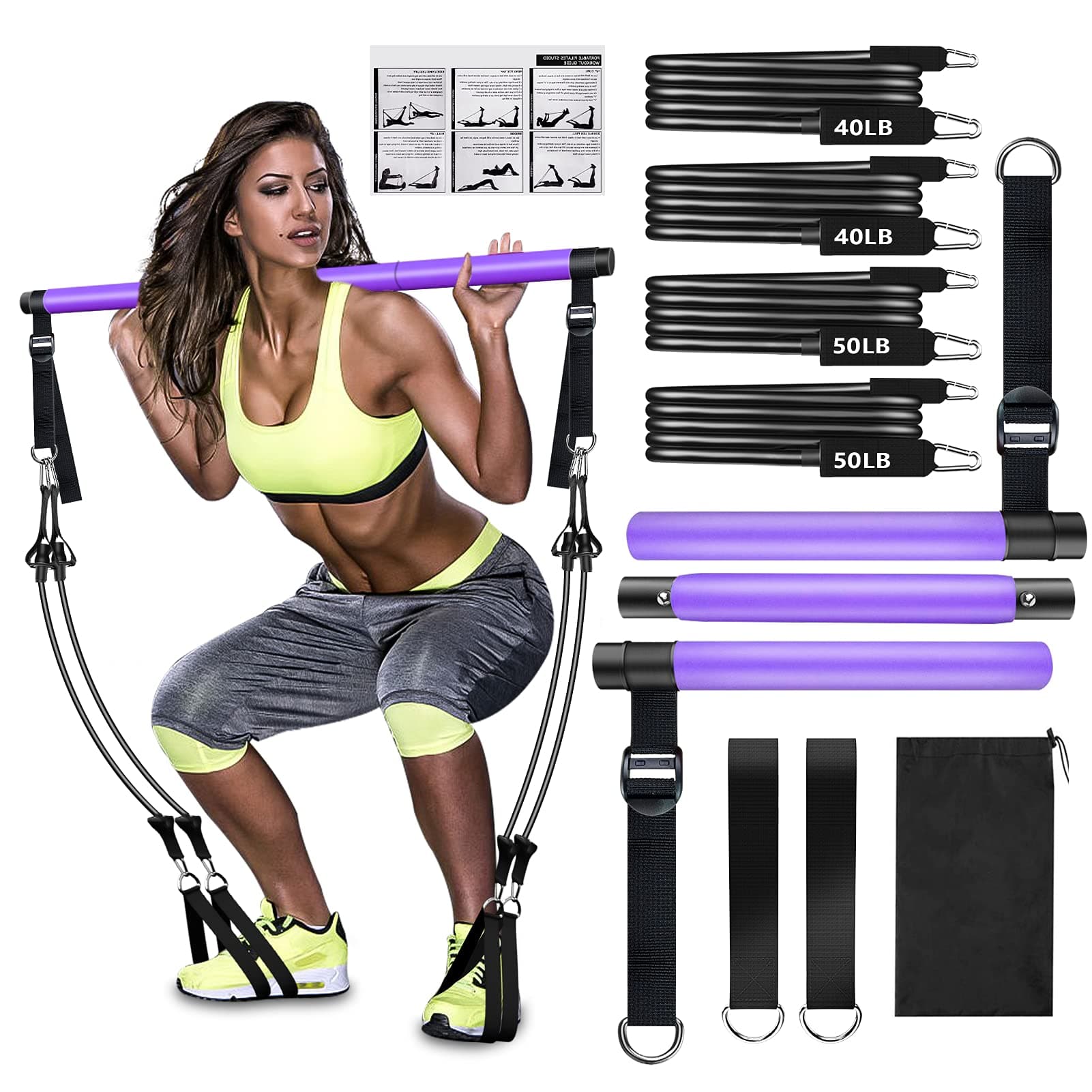 Pilates Bar Kit with Resistance Bands,Pilates Bar with Stackable Bands Workout Equipment for Legs,Hip,Waist and Arm,Exercise Fitness Equipment for Women & Men Home Gym Yoga Pilates