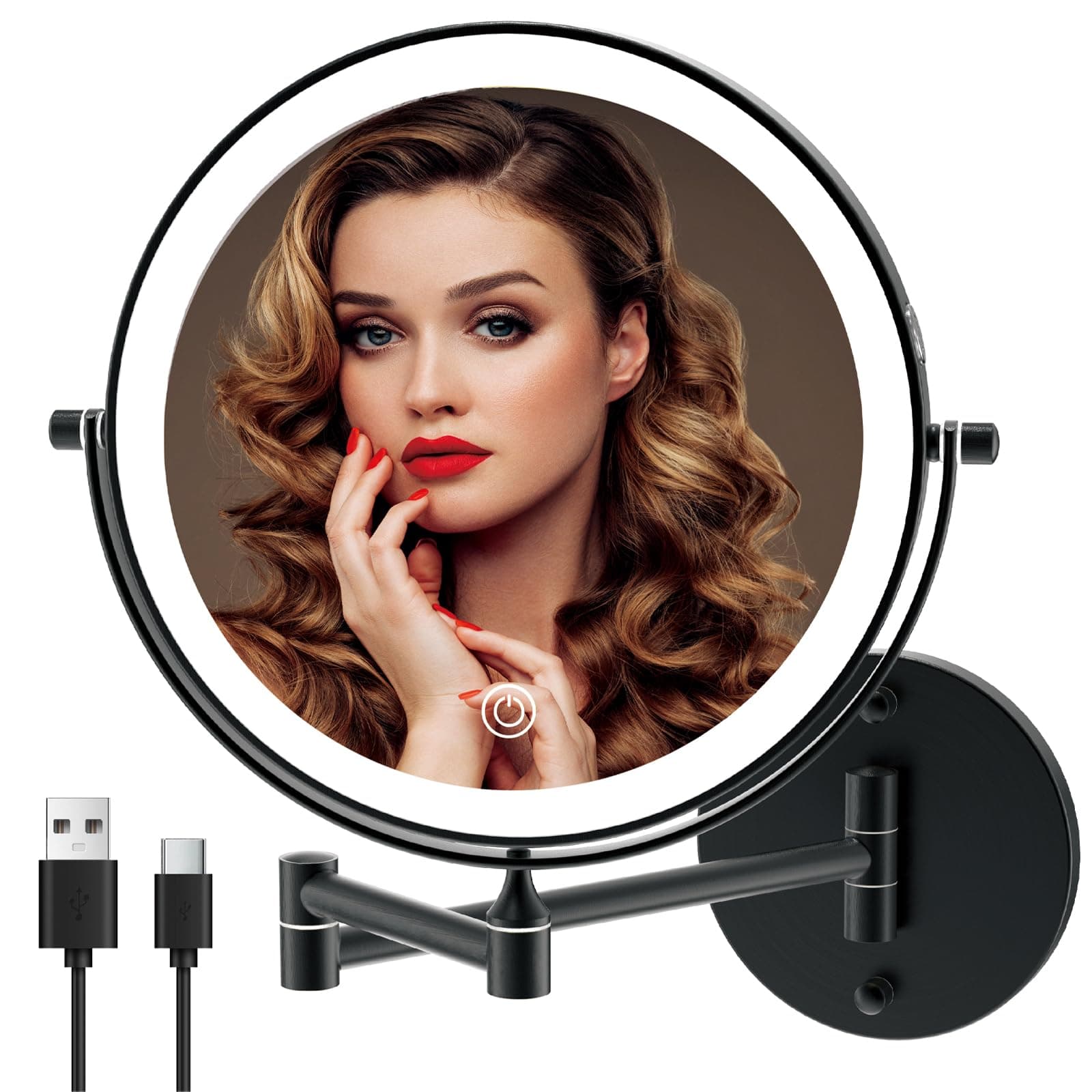 Rechargeable Wall Mounted Lighted Makeup Vanity Mirror 8 Inch Double Sided 1X 10X Magnifying Bathroom Mirror, 3 Color Lighting, Touch Screen Dimming, 360 Rotation Shaving Matte Black