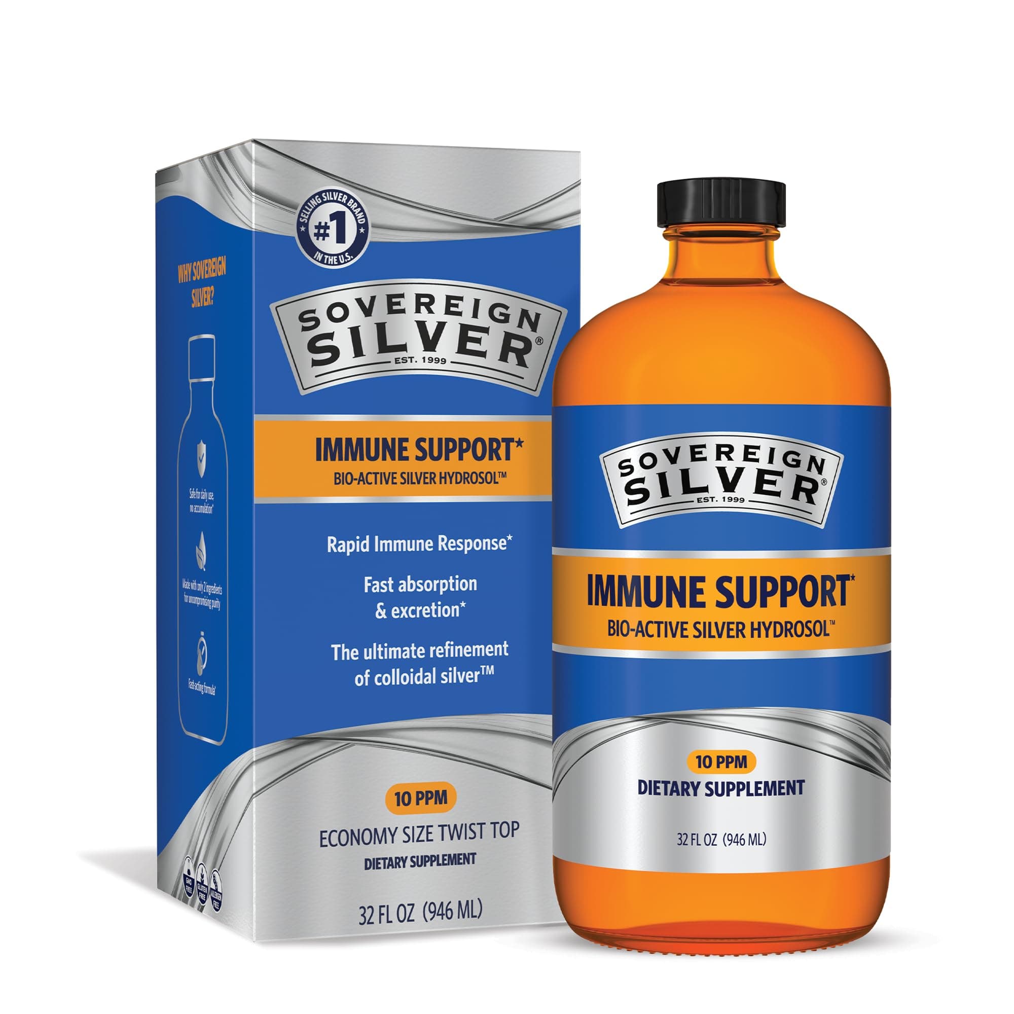 Sovereign Silver Immune Support - Colloidal Silver, Bio-Active Silver Hydrosol, 10 ppm, Liquid Twist Top, 32 Fl Oz, (946 mL)
