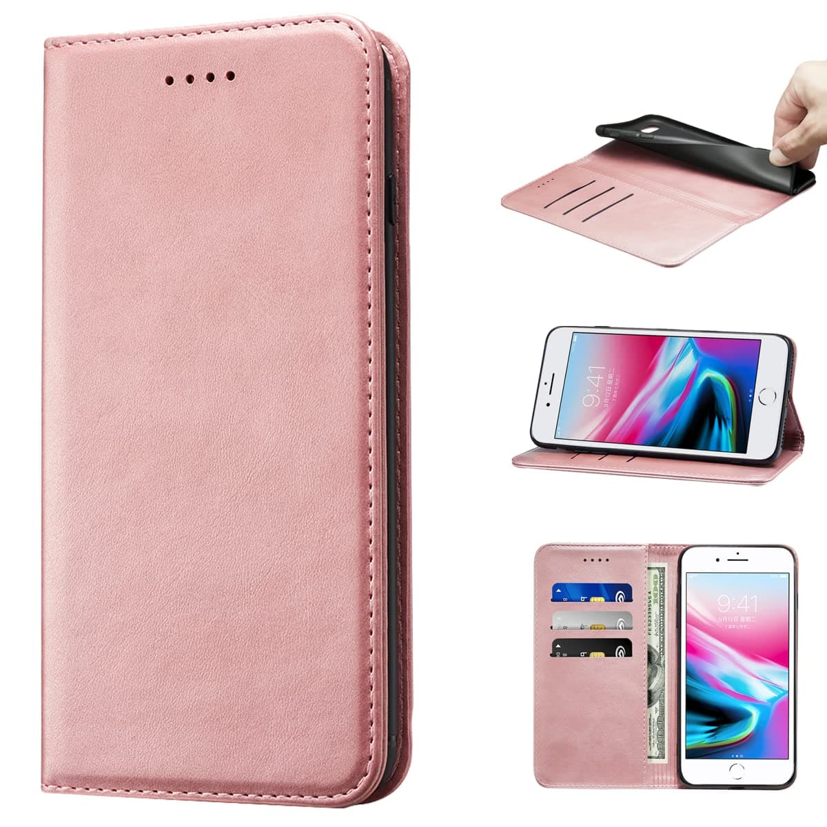 iPhone 7 Plus/8 Plus Wallet Case PU Leather Case Card Holder Shockproof Flip Cover - Rose gold