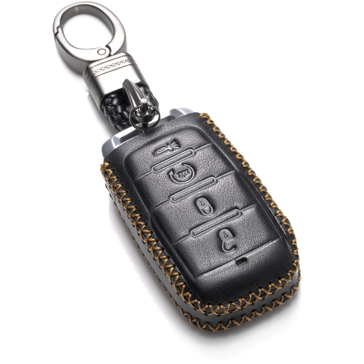 Vitodeco Genuine Leather Keyless Entry Remote Control Smart Key Case Cover with Leather Key Chain for 2019 RAM 1500 (4-Button, Black)