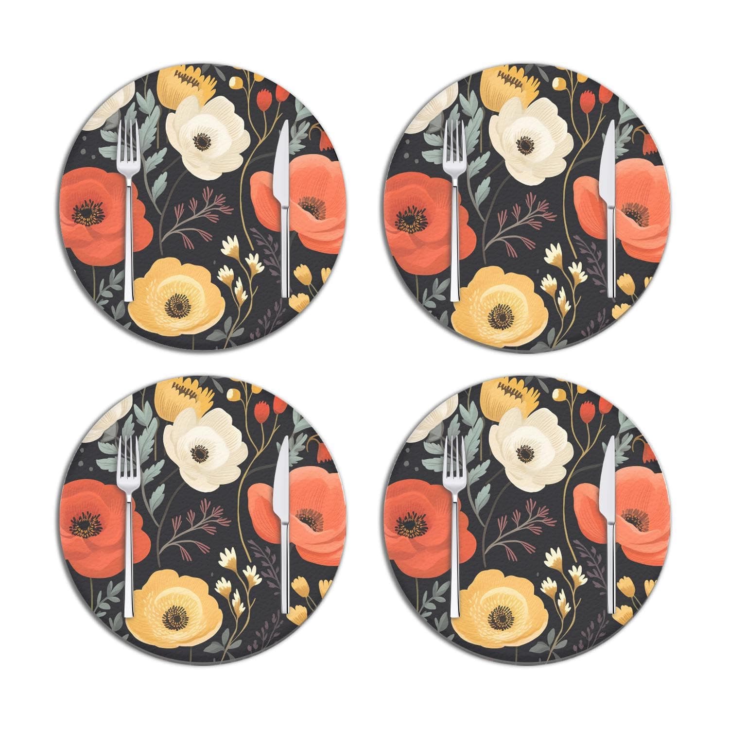 Spring Light Red Pelis Flower Exquisite Pu Placemat Set of 4,Non-Slip Heat Insulated Table Mats for Dining Table,Ideal for Home Kitchen,13IN