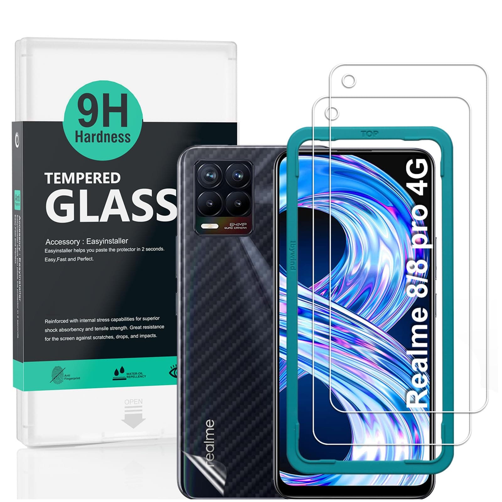 Screen Protector For Realme 8/8 Pro 4G (6.4 Inches),with 2Pcs Tempered Glass,1Pc Backing Carbon Fiber Film [Fingerprint Reader,Easy to install]