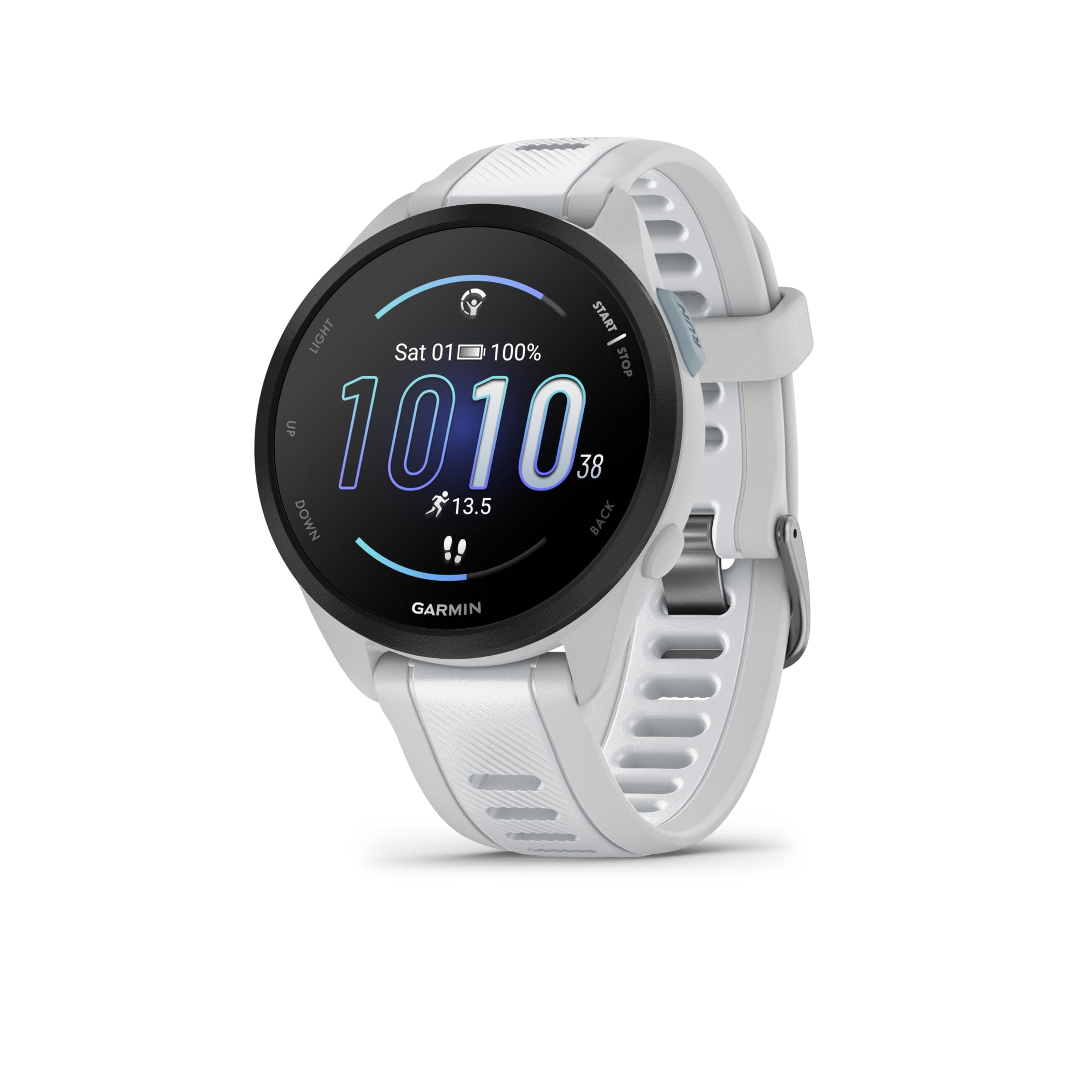 Forerunner 165, 43mm GPS running smartwatch, lightweight, AMOLED touchscreen, advanced training, insights & features, safety & tracking features, up to 11 days battery life, Whitestone