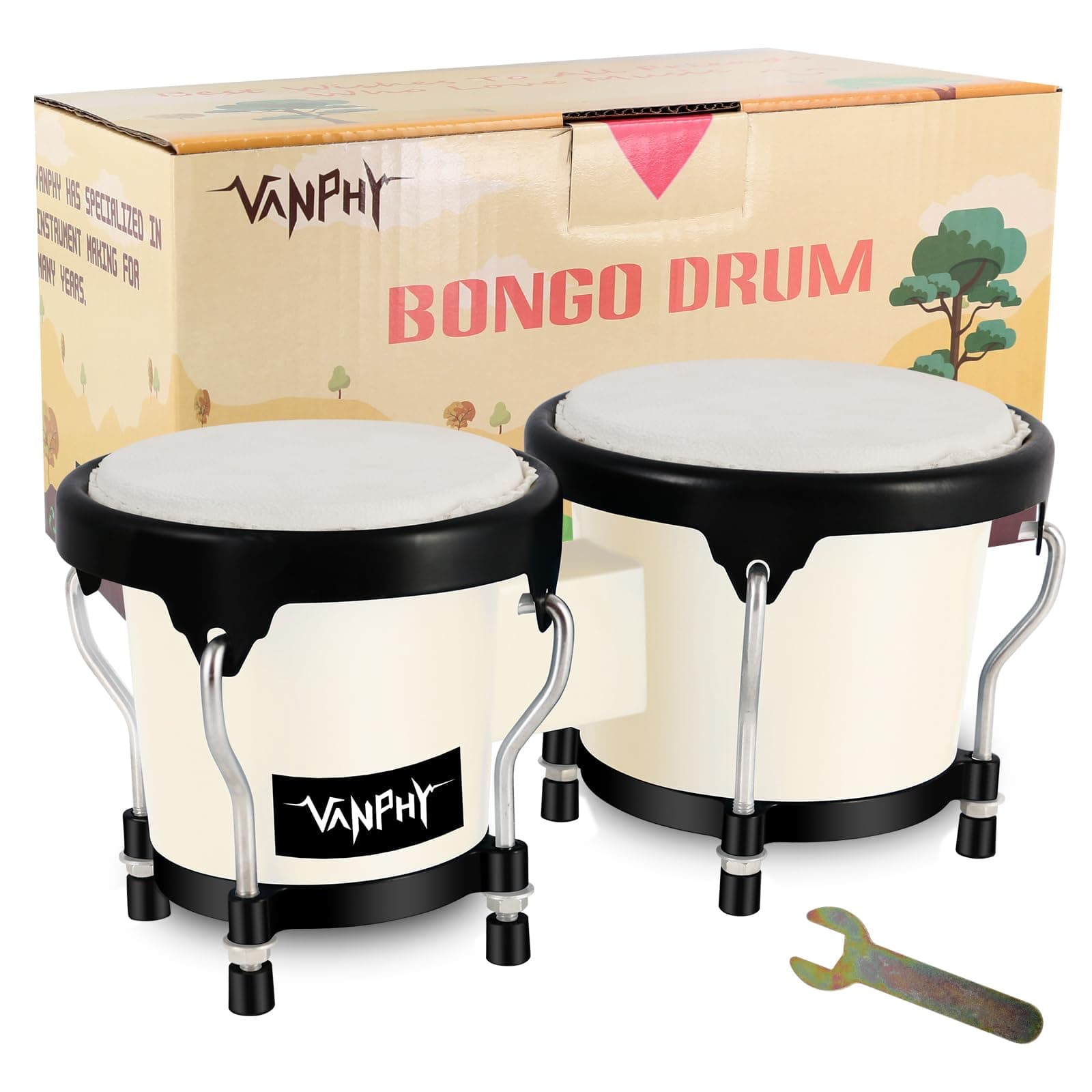 Bongo Drum 4'' and 5'' Set for Adults Beginners Tunable Natural Skin Bongos Percussion Instruments With Tuning Wrench and Gift Box (White)