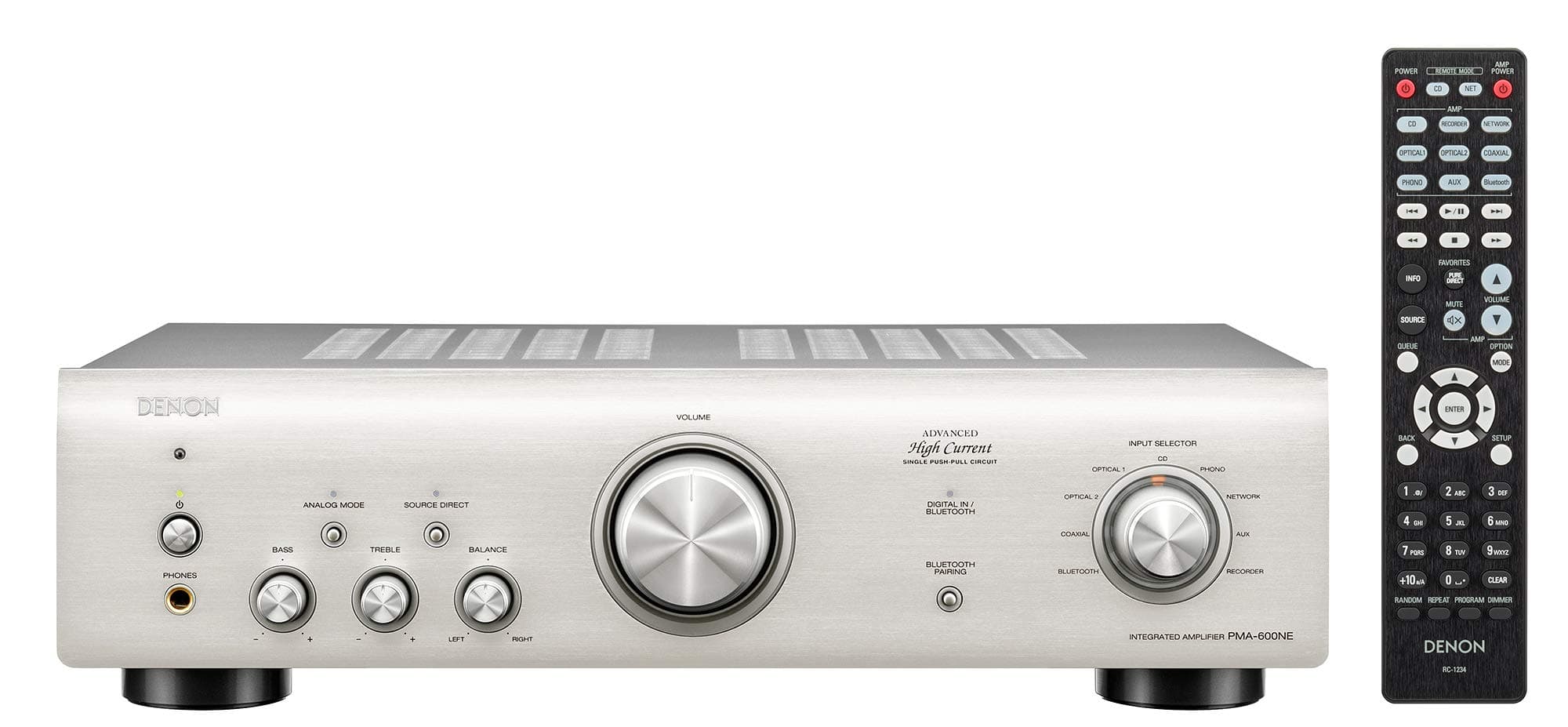 Denon PMA600NE HiFi Amplifier, Power Amplifier with Bluetooth, Phono Equalizer, 1x Coaxial & 2x Optical Inputs, Subwoofer Output, Analog Mode, Music Streaming - Silver