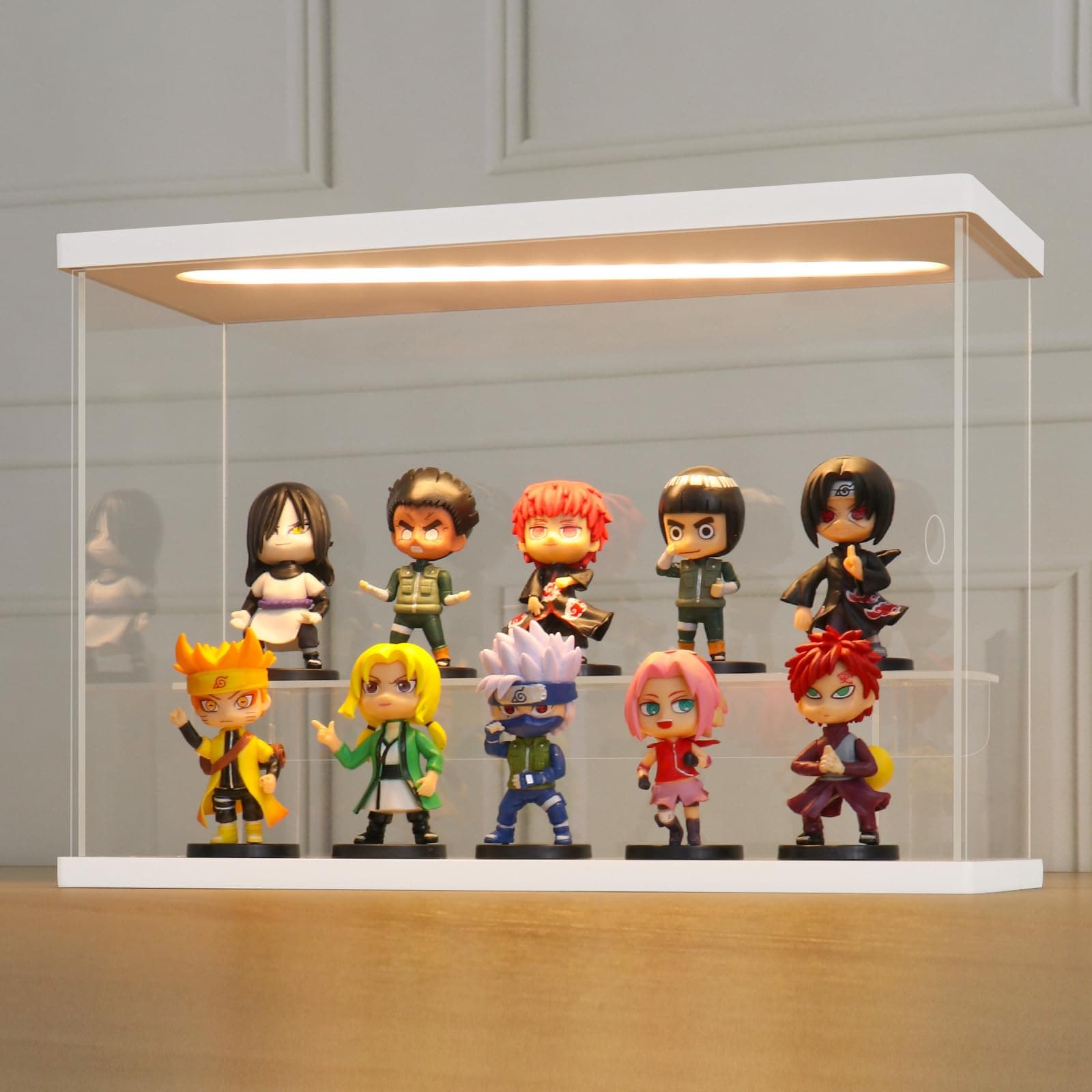LANSCOERY LED Lighted Acrylic Display Case, 2 Tier Display Box for Collectibles and Action Figures, Clear Dustproof Organizer with White Base – 11.8x4.3x7.9inch