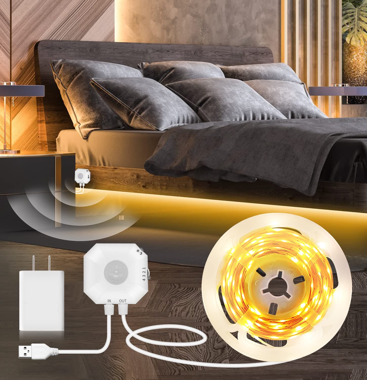 MATICOD Motion Sensor Lights Indoor Under Bed Lights, 3500K Motion Sensor Led Strip Lights for Bedroom, Warm White Under Cabinet Lights for Kitchen, Closet, Stair Night Light, 16.4ft NO APP