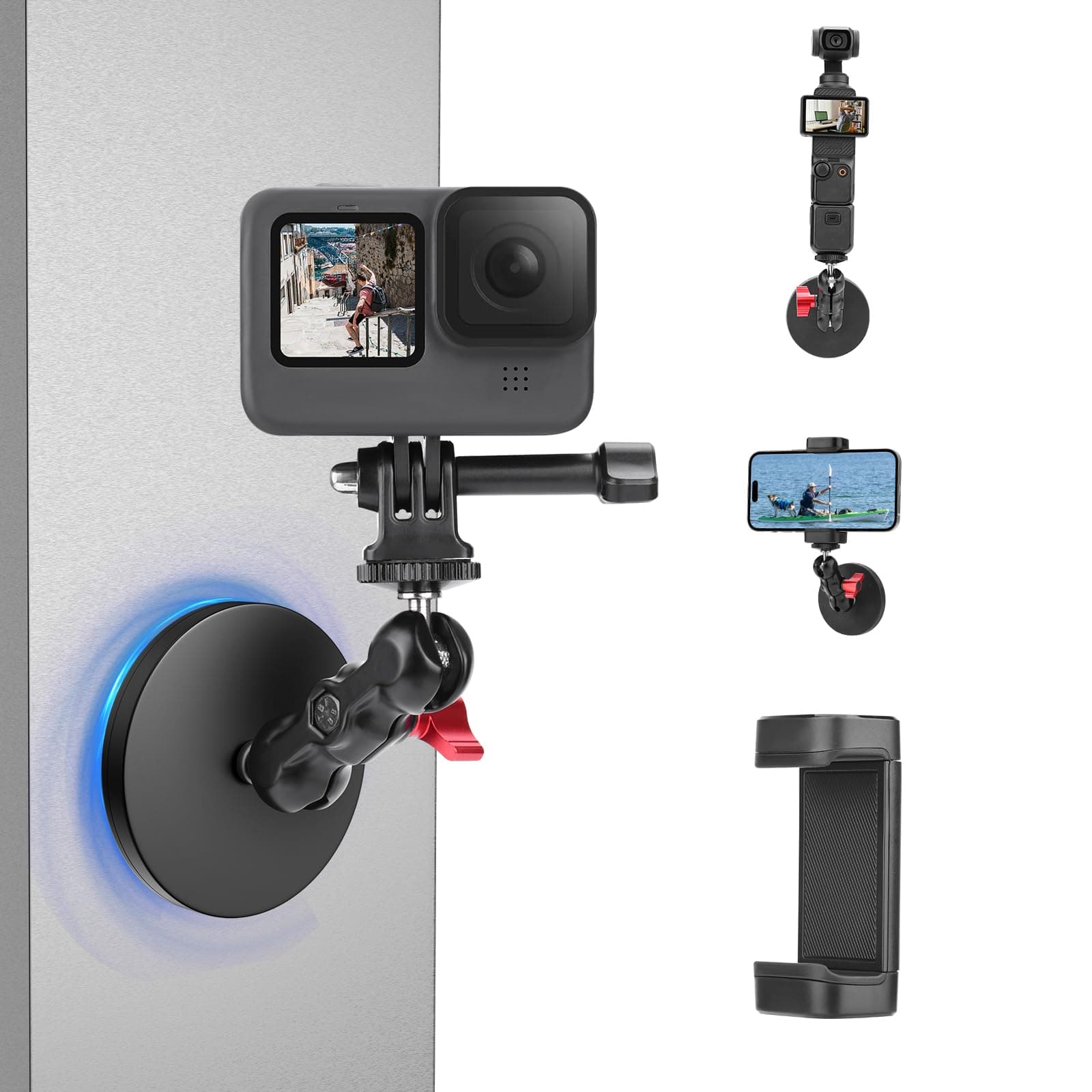 Magnetic Camera Mount Base for DJI Osmo Action 5 Pro 4 3/Pocket 3/360,Magnetic Rubber Coating Car Holder, 360°Adjustment Stand for GoPro,for Insta360,for AKASO Accessories