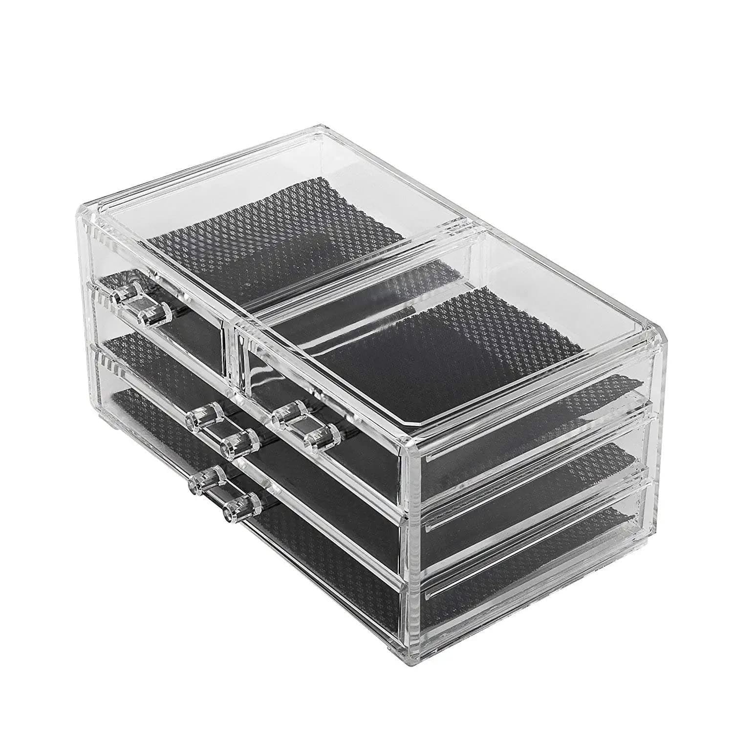 CPEX 4 Compartment Luxurious Clear Acrylic Drawers Makeup Dressing Table Organizer Cosmetic Jewellery Storage Box with Removable Black Mesh Pad for Jewellery