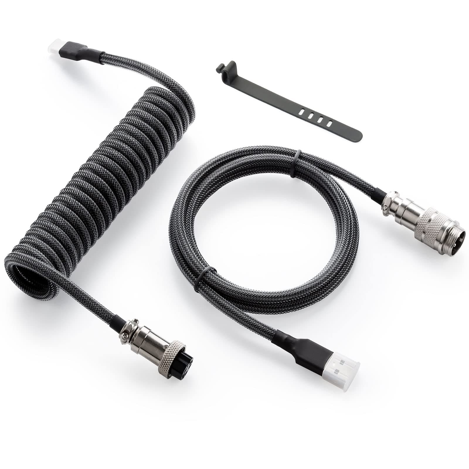 GunMjo Pro Custom Coiled USB C Cable for Gaming Keyboard Double Sleeve Mechanical Keyboard Cable with Detachable Metal Aviator 1.3M USB-C to USB-A Black