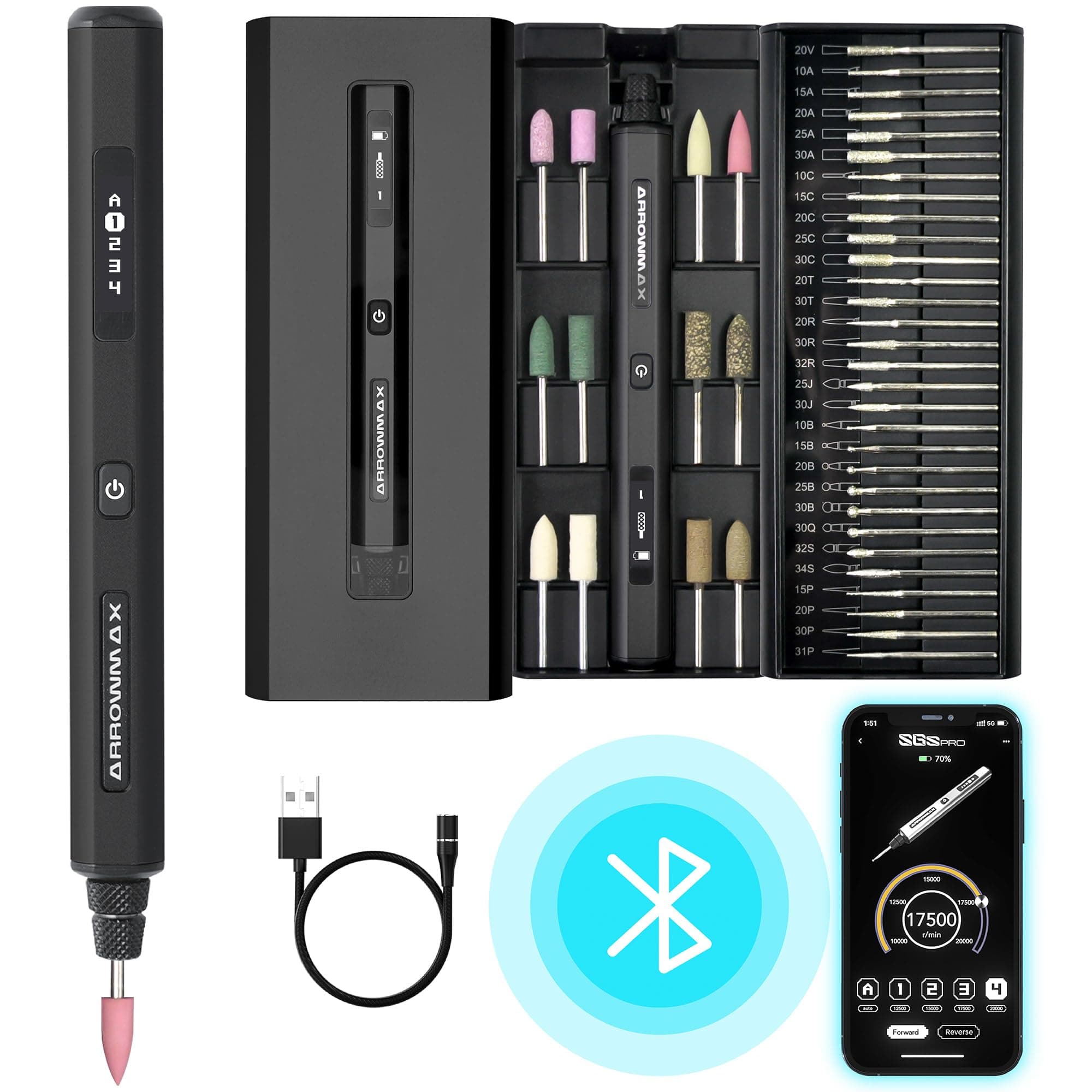 AM ARROWMAX Mini Engraving Pen with 42 Bits - Rotary Tool Smart Motion Control, OLED, Bluetooth, APP, Wireless Magnetic Charge, Engraving Pen for Metal, Wood, Glass and Plastic (SGS PRO) Black