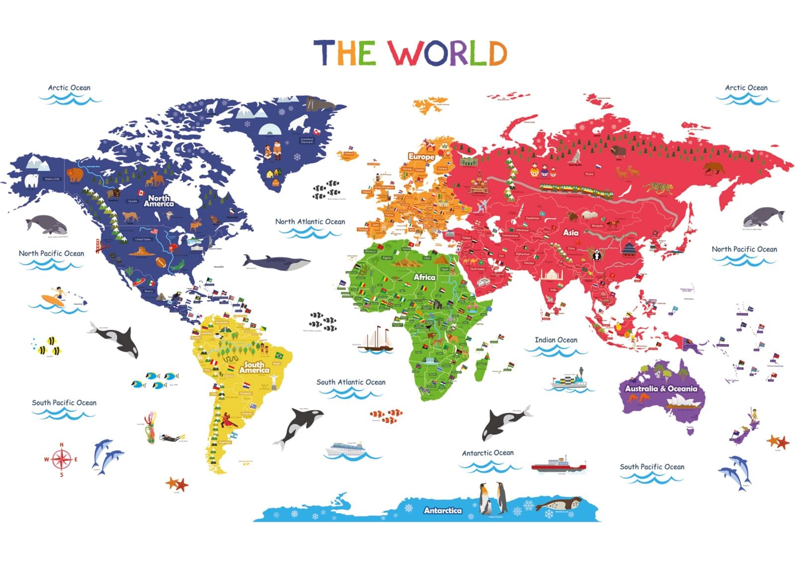 BASHOM SG2-115 Large Animal Landmarks World Map Wall Decals Educational Stickers for Kids Nursery Bedroom Living Room Classroom Peel Stick Removable Poster mapa Mundi para pared Art