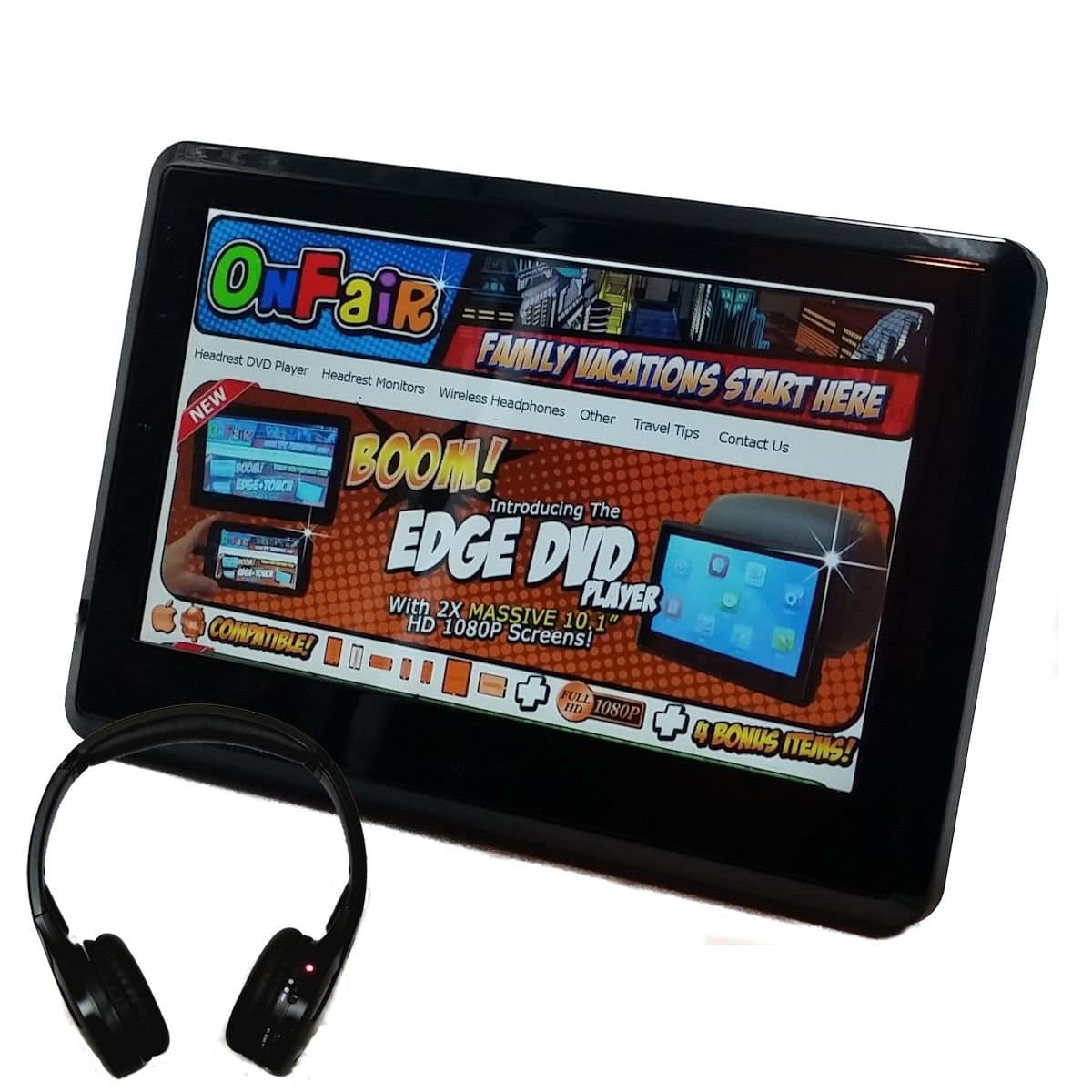 Autotain [Single] Edge 10.1 inch [Touch Screen] Slim Active Headrest Monitor DVD Player + HDMI, 1080P, Home Power Cable, Cloud Headphone