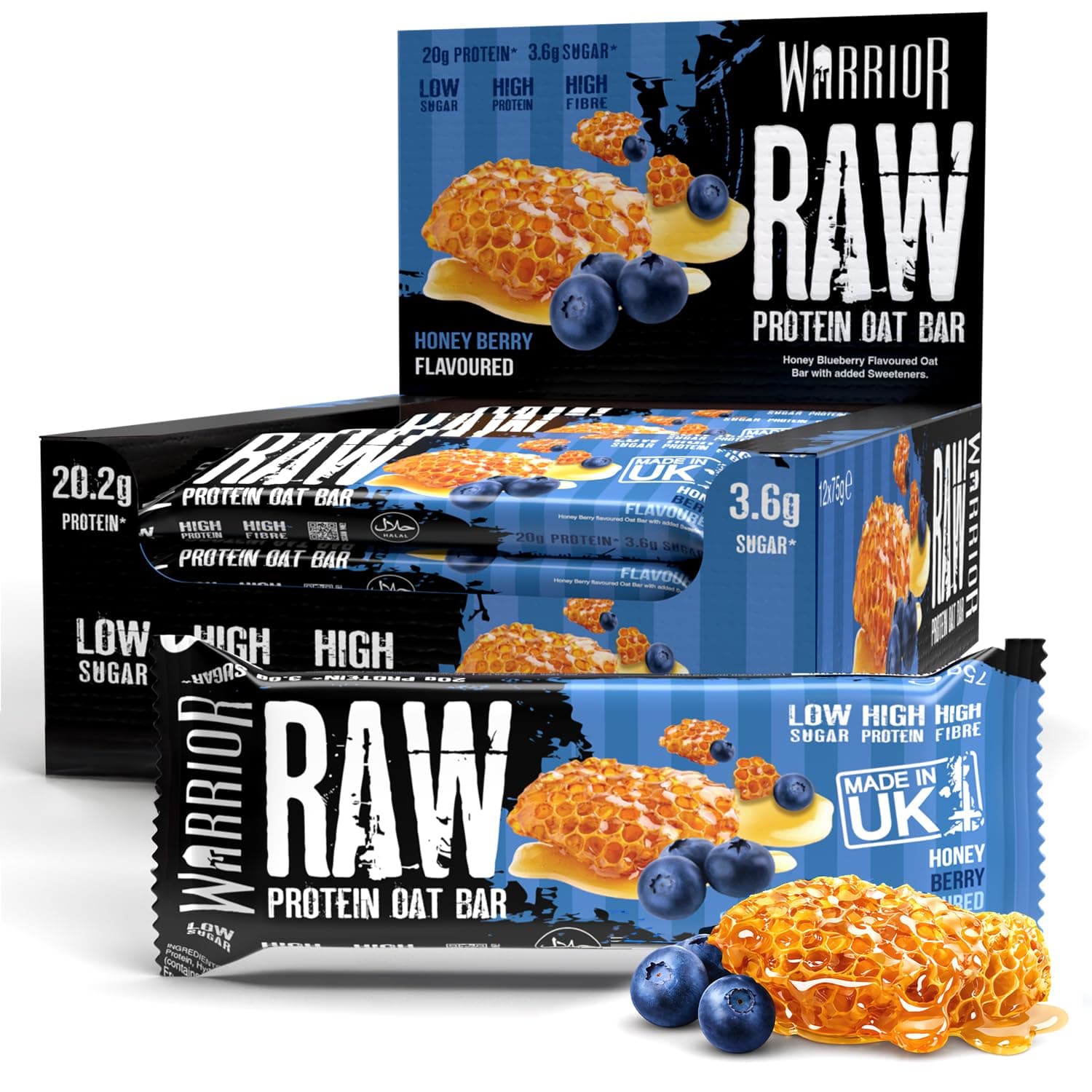 RAW Protein Bars 12 x 75g – 20g High Protein Bar, Low Sugar High Fibre Oat Protein Flapjack – Protein Snacks, Meal Replacement Bars (Honey Berry)