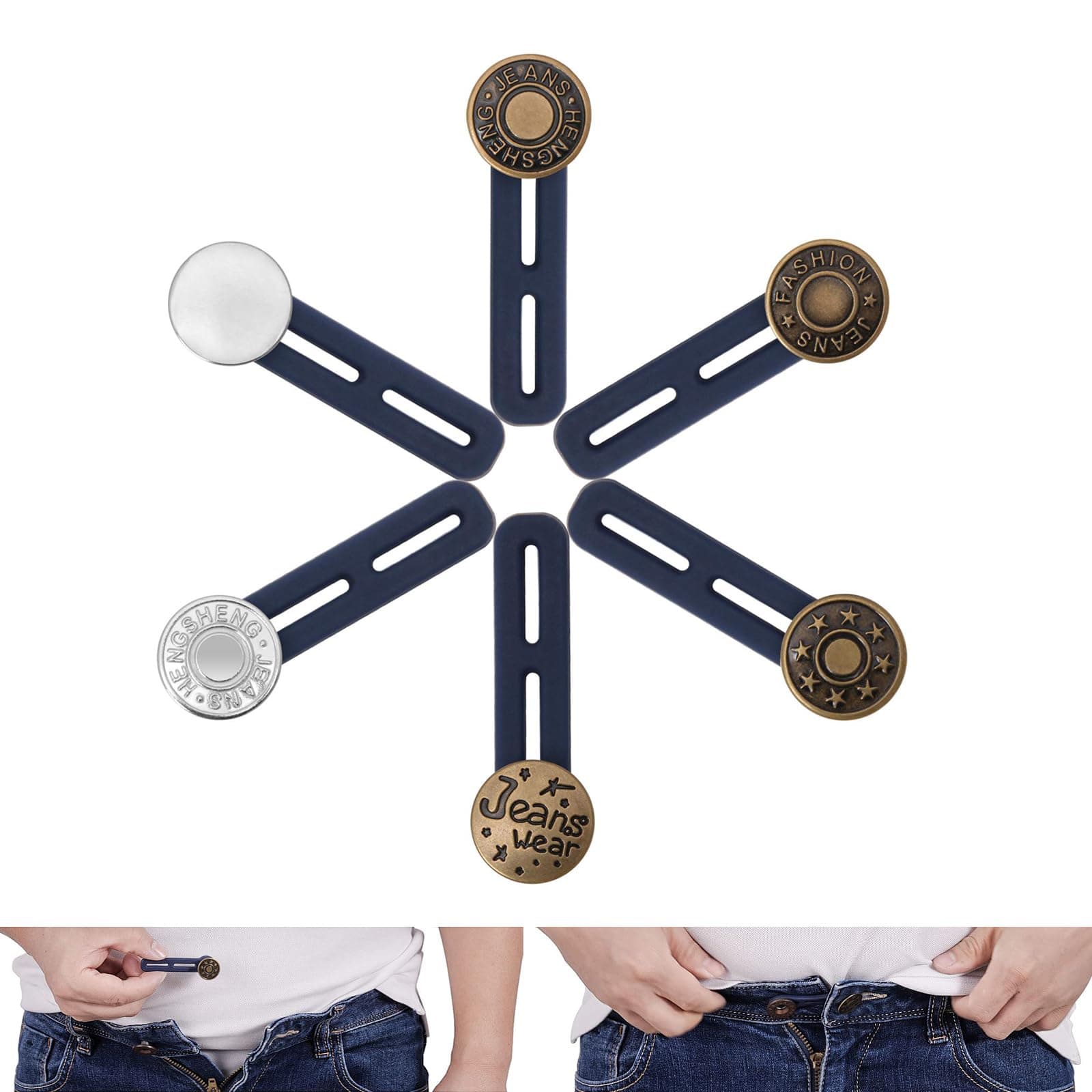 Detachable Buttons For Jeans, 6pcs Pants Extender Button, Flexible Adjustable Waistband Extender Buttons for Men and Women,Jeans Waist Extender Metal Buttons No Sew Button for Extender Jeans Pants Collar