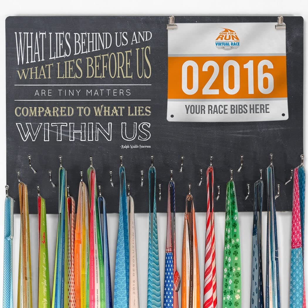 Hooked On Medals and Bibs | Medal Hanger and Bib Display | What Lies Behind Us