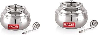 HAZEL Stainless Steel Ghee Pot with Spoon & See Through Lid | Oil Containers for Kitchen | Ghee Storage Container with Glossy Finish, Set of 2, 200 ML & 250 ML