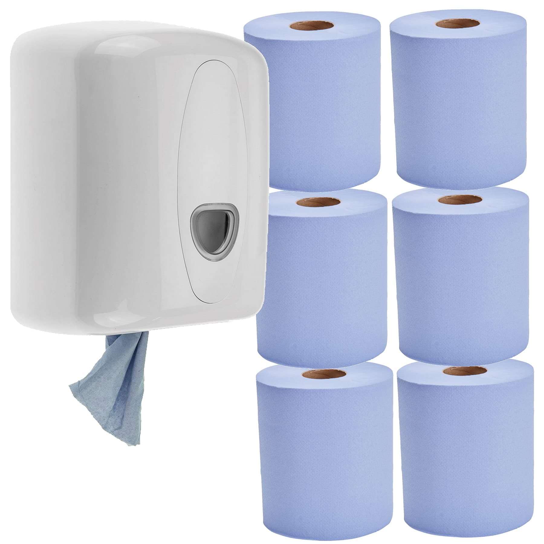 Centerfeed Paper Towel Dispenser Wall Mounted – Includes 6 Centre Pull Rolls – White, Commercial Grade, Hygienic Hands-Free Tissue Dispenser for Kitchens, Bathrooms, Offices, Garages