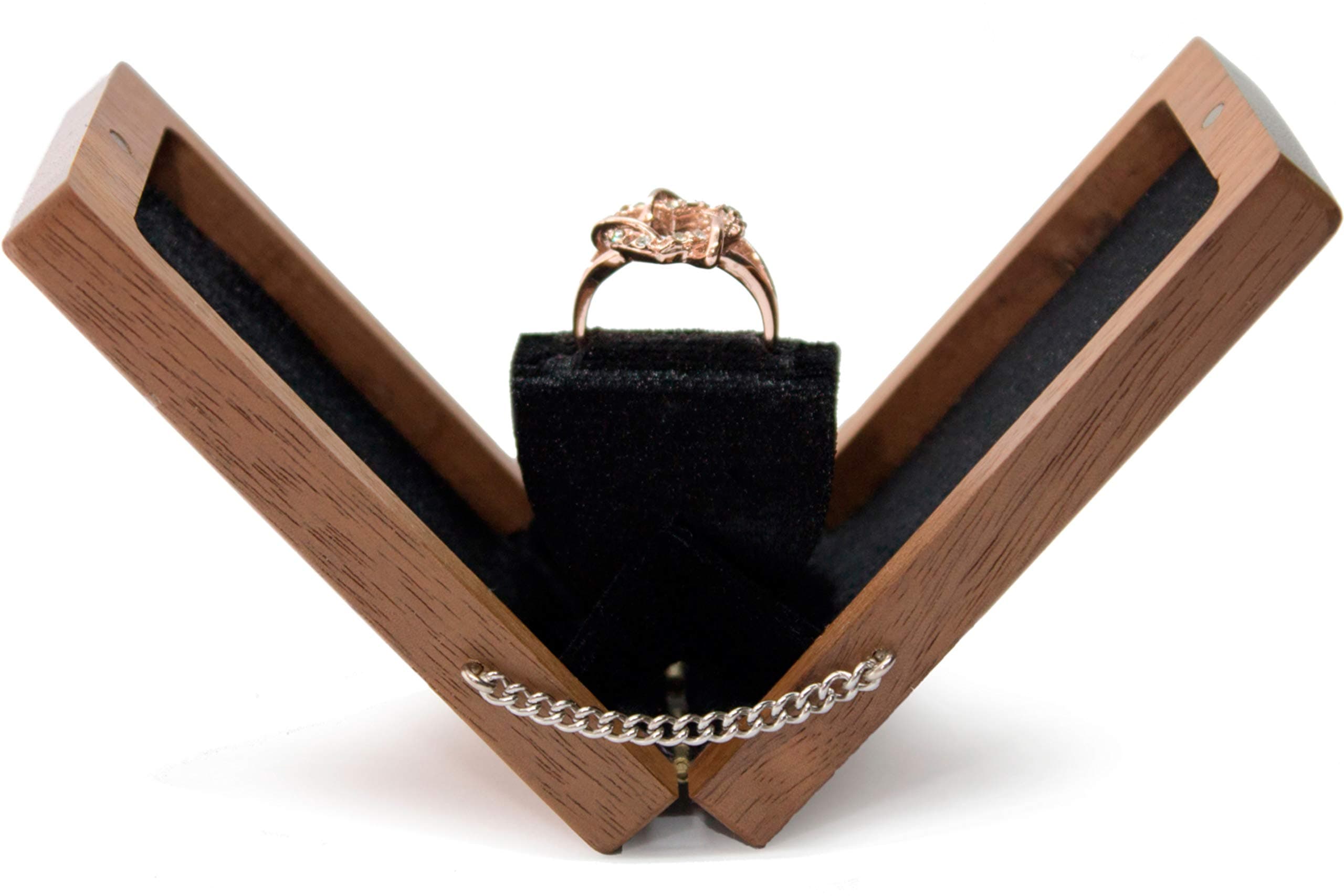 Engagement Flat Ring Box - Proposal Wooden Ring Box - Wedding Slim Velvet Ring case - Square Thin up Engagement Rotating Box Secret