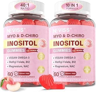 Myo-Inositol & D-Chiro Inositol Gummies for Women 2000mg + 50mg, 40:1 Ratio Inositol with Vegan Omega-3 + D3, Magnesium Glycinate, Methyl Folate + B12 for Female Health & Wellness, Sugar Free, 120 Cts