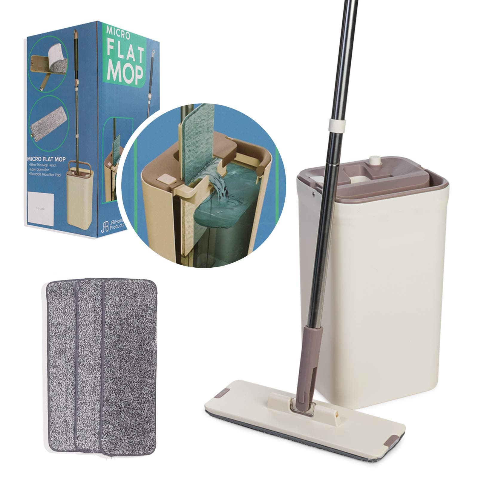 Micro Flat Mop & Bucket System, Hands-Free Wringing Floor Cleaning, 3 Washable & Reusable Microfiber Pads, Wet or Dry Usage on Wood, Marble, Tile, Laminate, Ceramic and Vinyl Floors