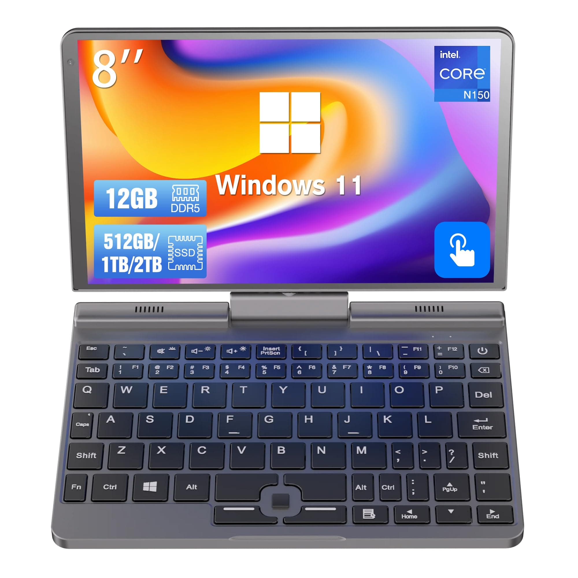 Mini Laptop 8 inch N150 Touchscreen Notebook Tablet 2 in 1 Handheld Computer Portable Small Pocket PC Win-11 Pro, 12GB RAM 2TB SSD, Gigabit/Wi-Fi 6/BT5.2/2MP Camera/G-Sensor/HDMI/PD 30W Charging