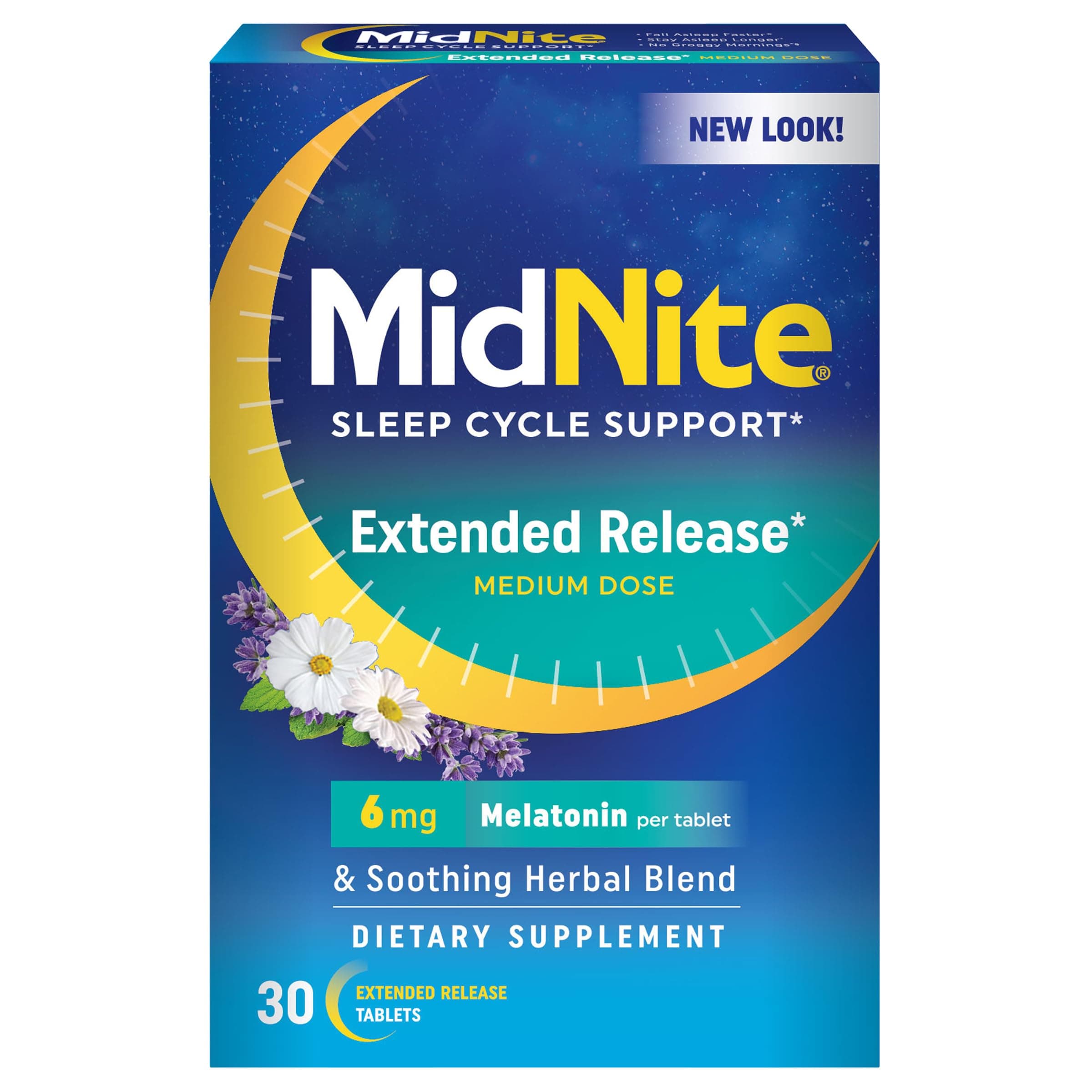 MidNite Extended Release Medium Dose, 6 mg Melatonin Sleep Aid, Non-Habit Forming, Herbal Dietary Supplement for Adults, Drug-Free, Gluten-Free, Lactose-Free, Vegetarian, Vegan, 30 Tablets