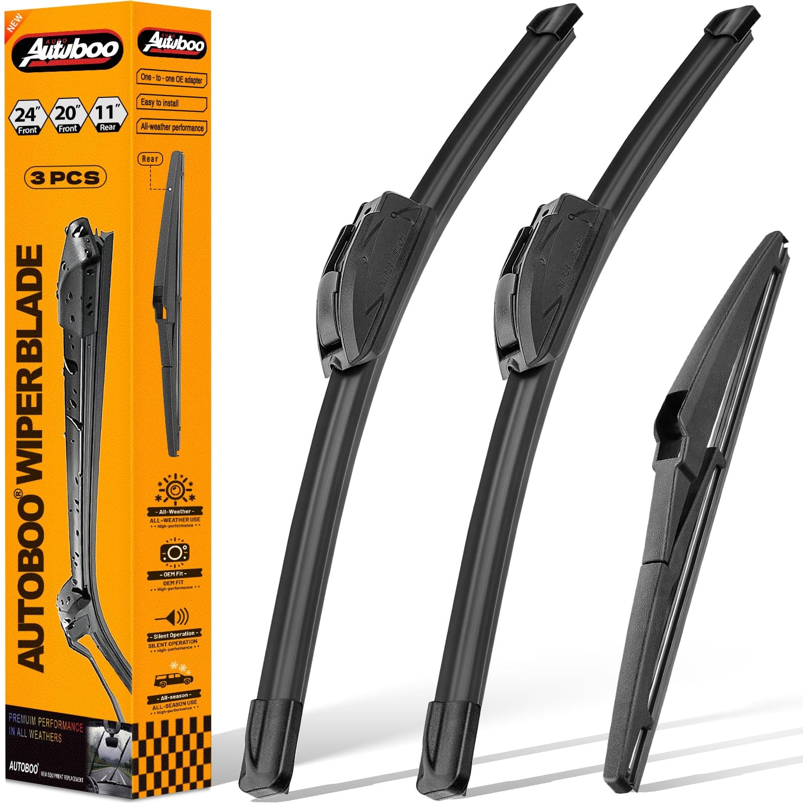 AUTOBOO 24"+20" Windshield Wipers with 11" Rear Wiper Blade Replacement for Kia Sorento 2011-2015,Kia Soul 2010-2019 Soul EV-Original Factory Quality (Pack of 3)