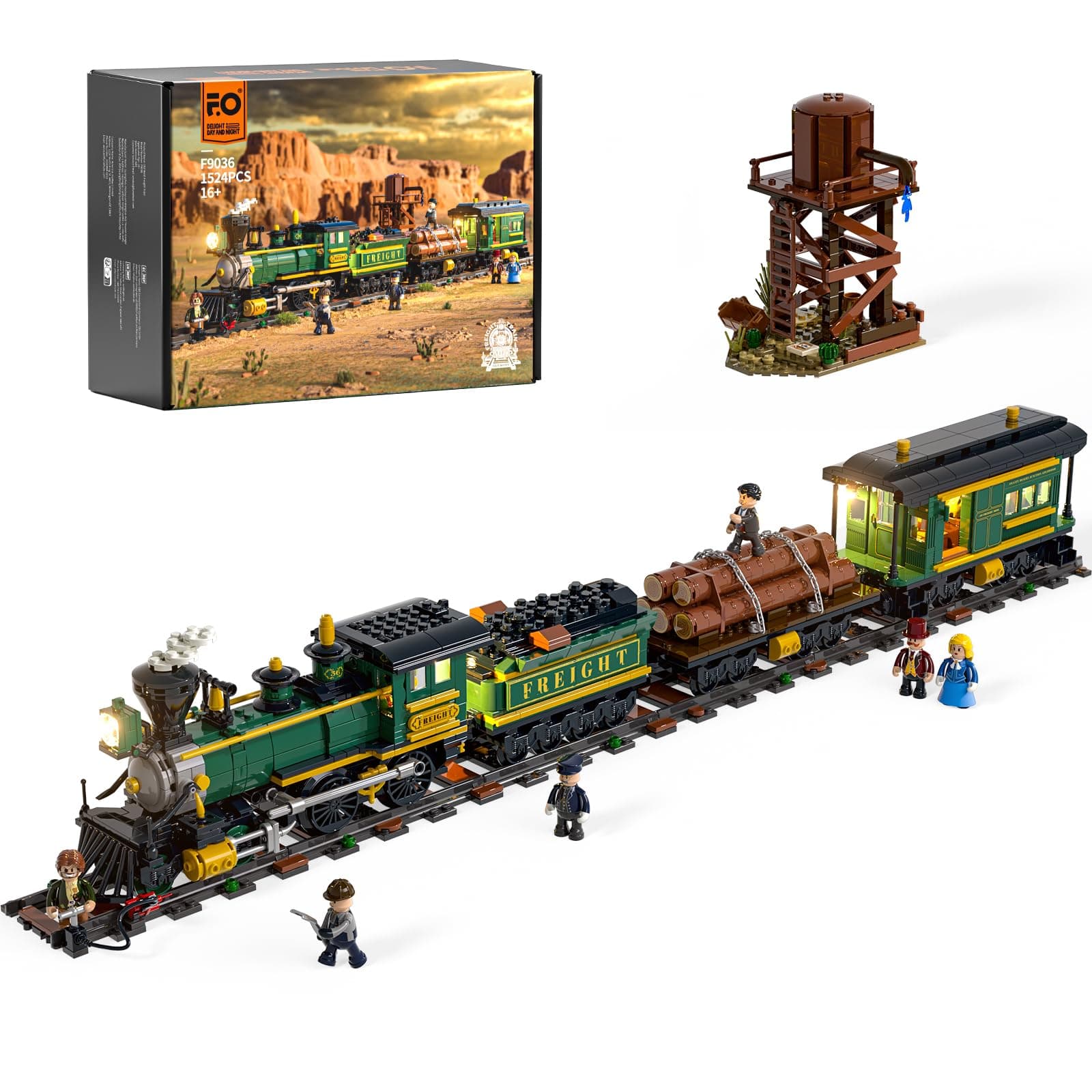 Funwhole West Train Lighting Building Blocks Set 4-4-0 Locomotive 1524 Pieces Clamping Blocks Old West Modular Building Kits Toy for Adults and Teenagers