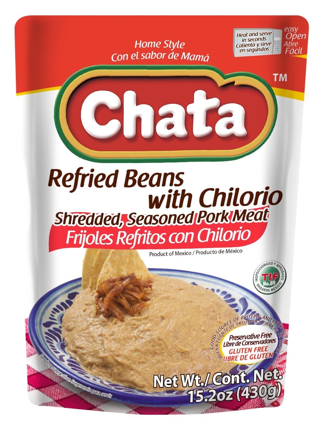 Chata Tradicional Refried Pinto Beans 3 Pack 8.8oz Easy Open Pouch/Ready to Eat Gluten Free (With Chilorio)
