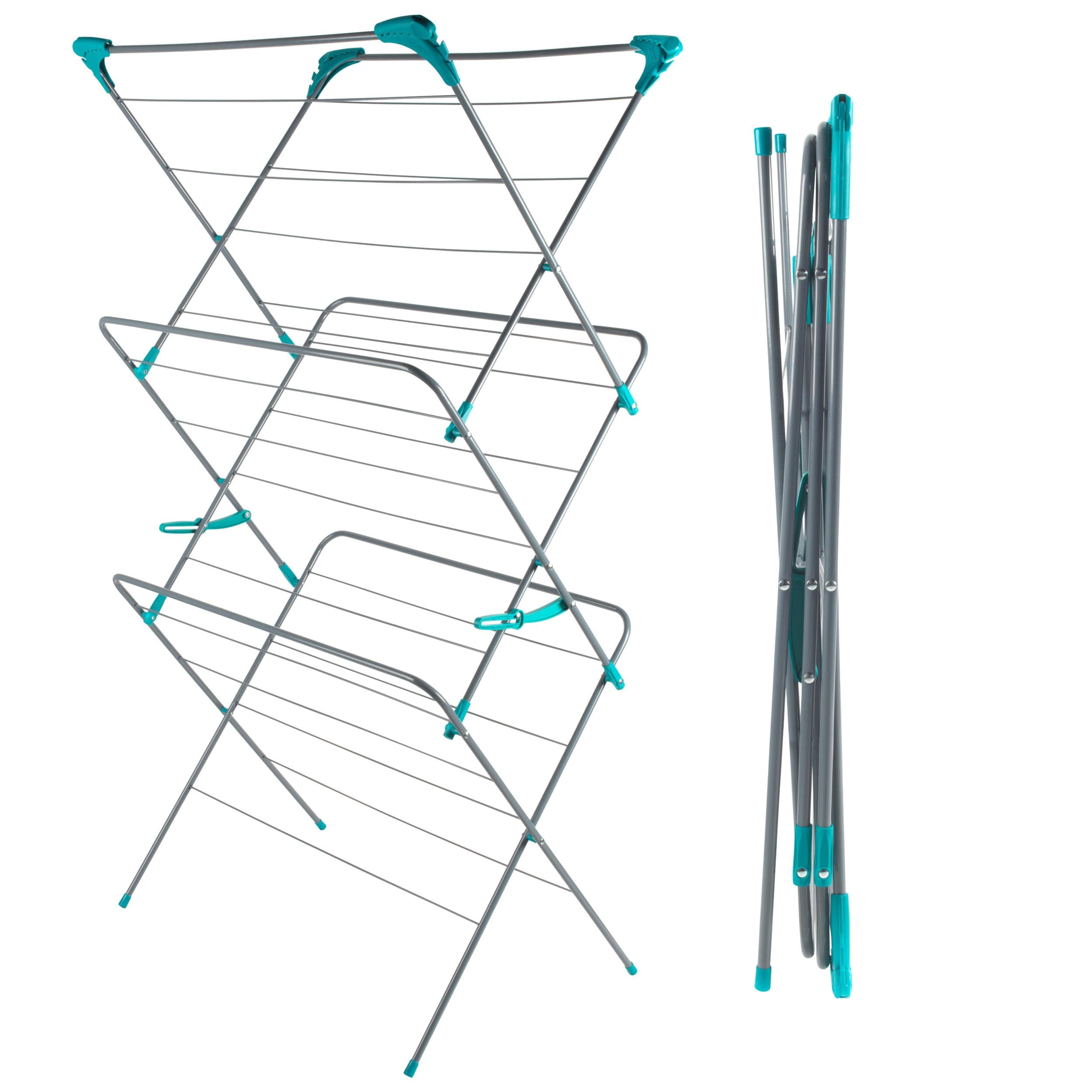 Beldray LA029005FEU7 XL Clothes Airer – Foldable Drying Rack with Additional Hooks/Clips for Hangers & Delicates, Strong Collapsible Clothes Horse, Non-Slip Feet, Extra Large 81cm Width, Blue/Grey