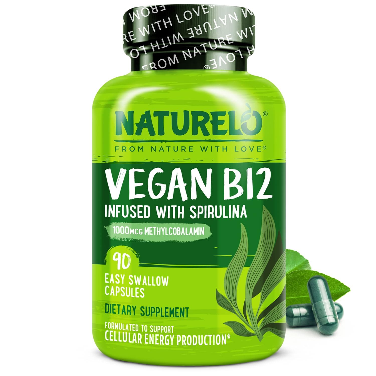 NATURELO Vegan B12 - Methyl B12 with Organic Spirulina - High Potency Vitamin B12 1000 mcg Methylcobalamin - Supports Healthy Mood, Energy, Heart & Eye Health - 90 Capsules