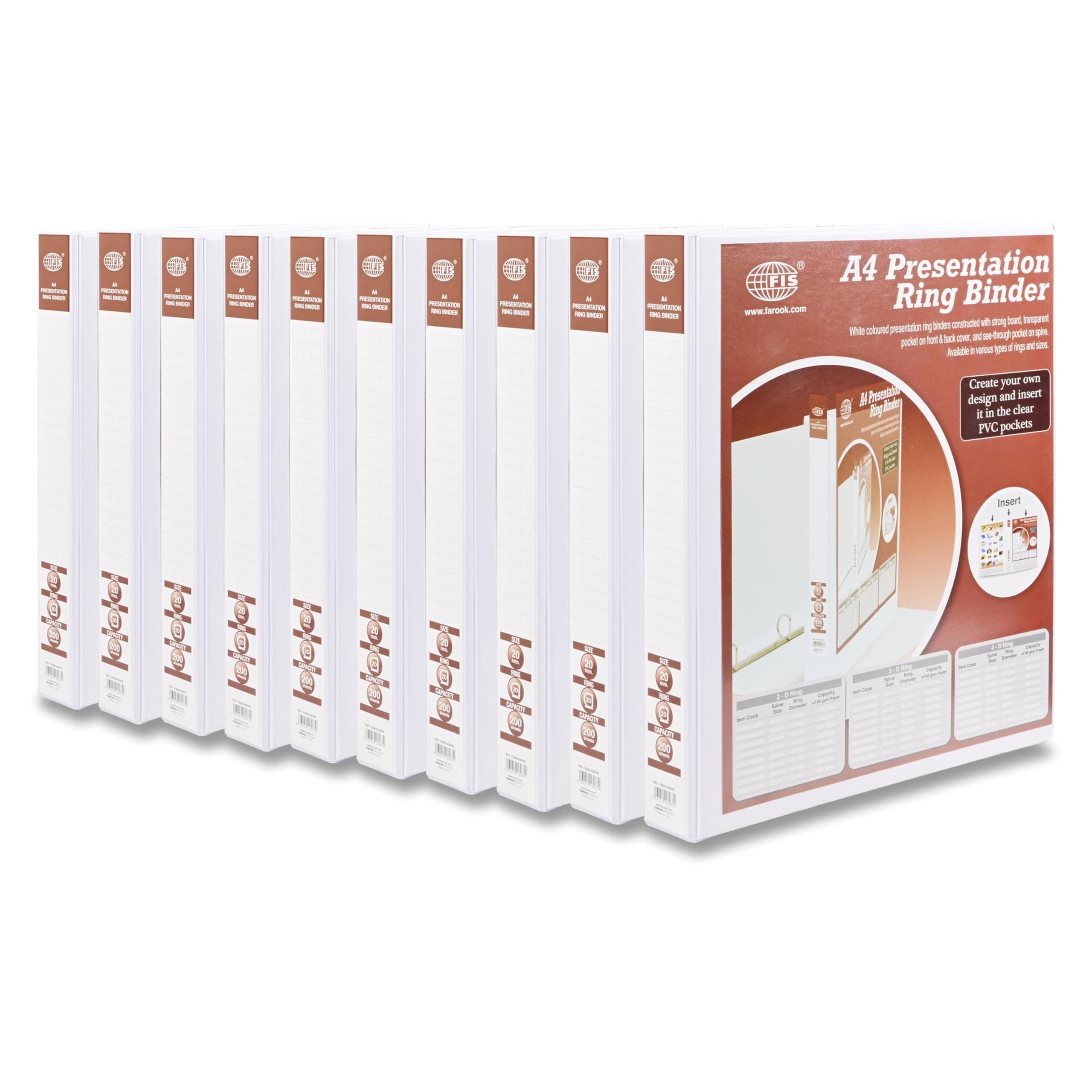 FIS® Presentation Binder A4 Size(210x297mm) Documents, 2[D] Ring Type, 20mm Ring Size, 1.50 Inches Spine Size with Clear PVC Pocket for Your Label Design, Box of 10 Pieces, White Color-FSBD220DPB10