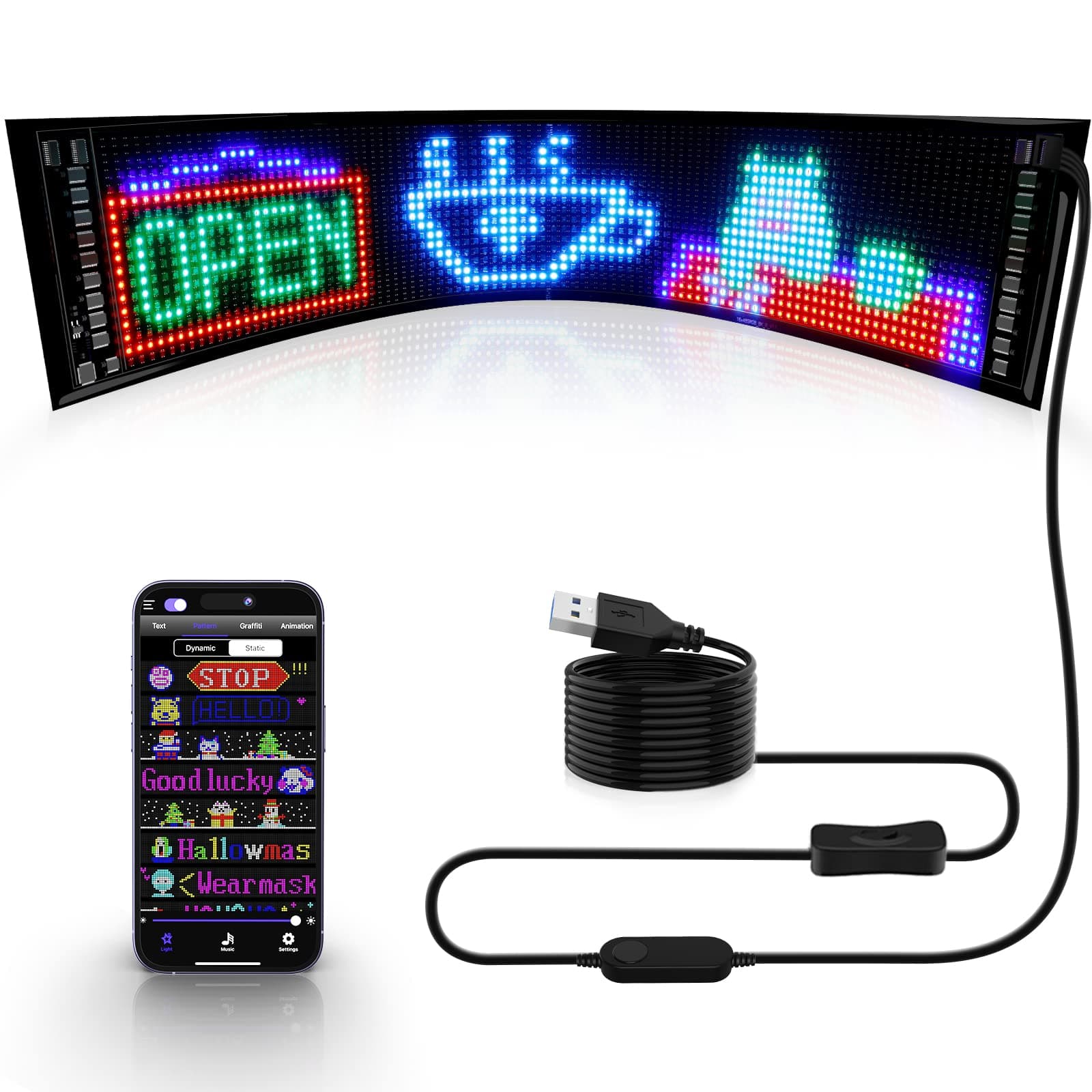 KJOY Programmable Huge Bright LED Signs, 27''x5'' USB 5V, Bluetooth App Control Custom Text Pattern Animation, Scrolling, Flexible LED Display for Car Store Party Bar Hotel